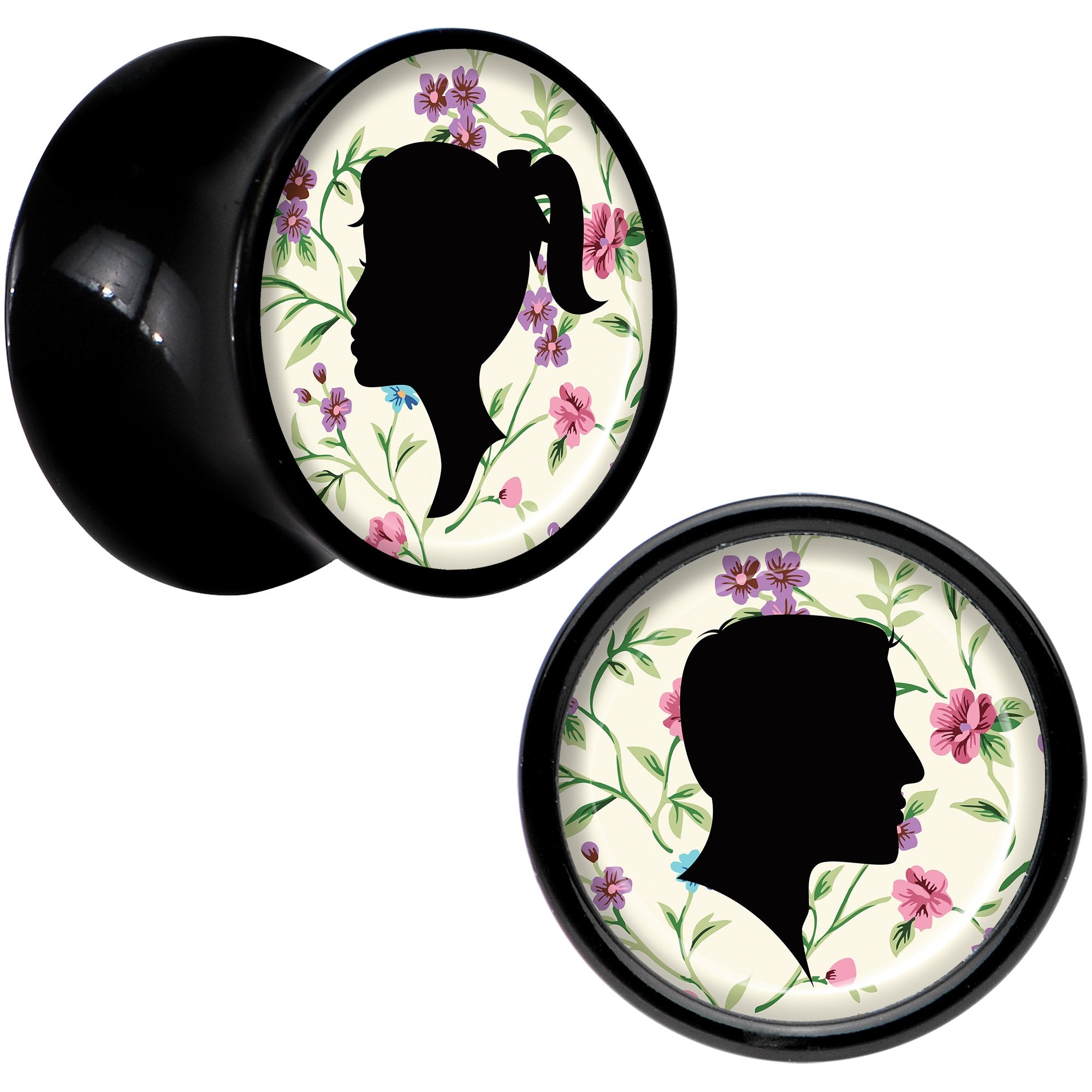 Black Acrylic Man Woman Floral Silhouette Saddle Plug Set 00 Gauge