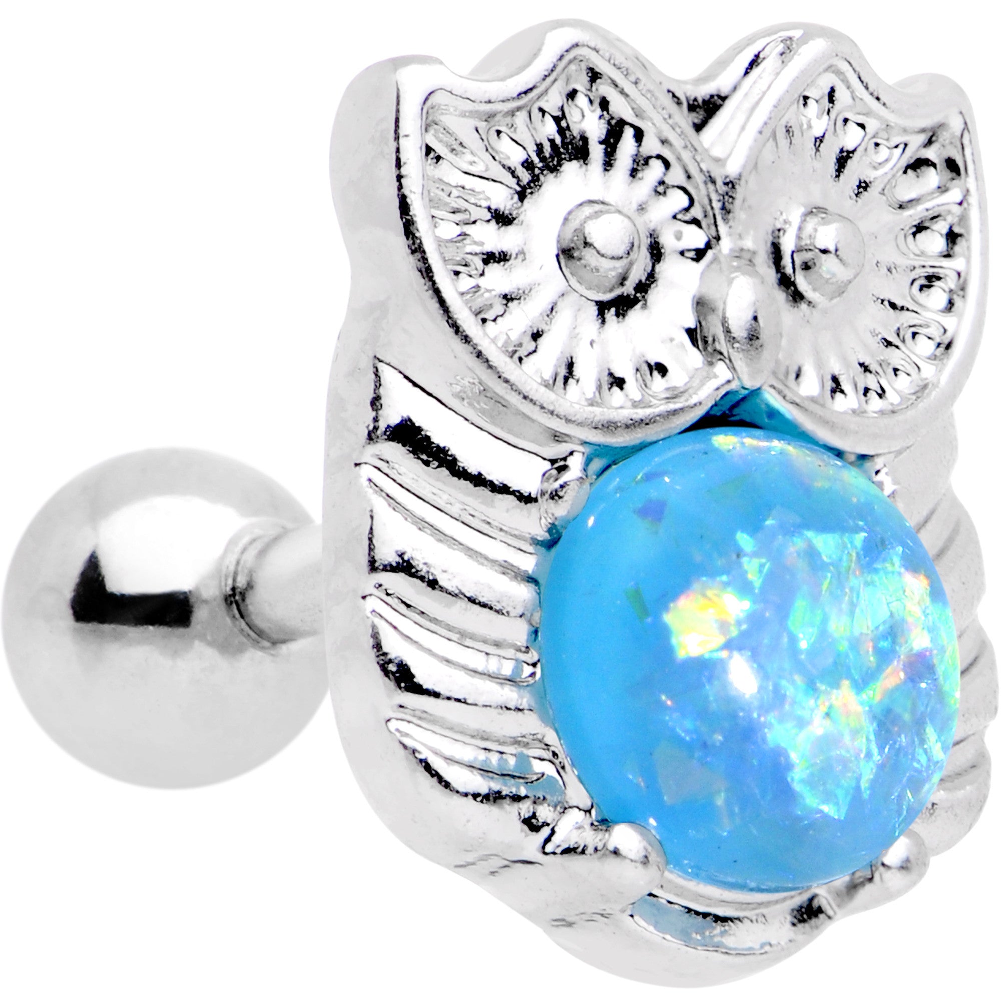 16 Gauge 1/4 Blue Faux Opal Guardian Owl Cartilage Tragus Earring