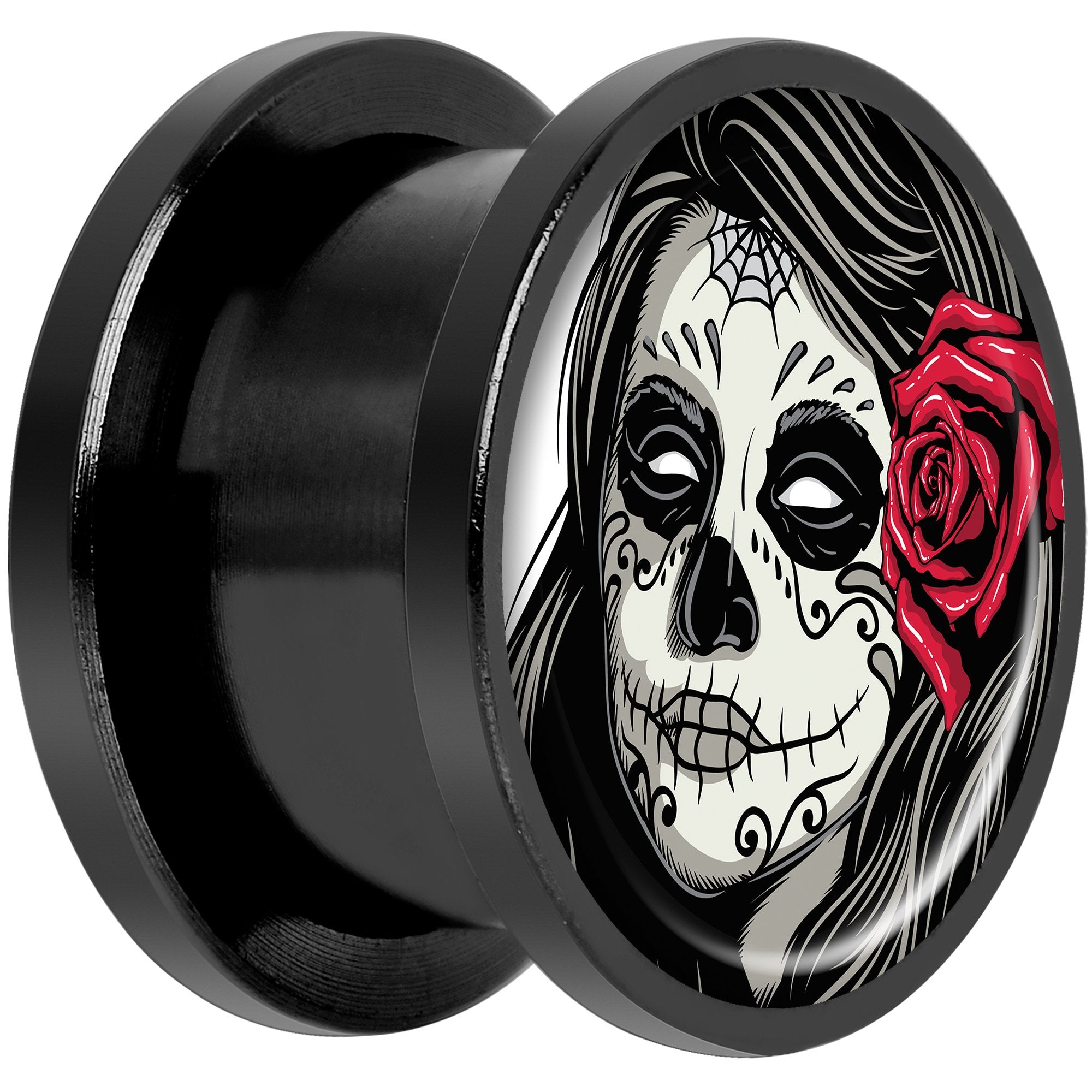 Katrina Sugar Skull with Rose Flower Black Anodized Screw Fit Plug Set 9/16