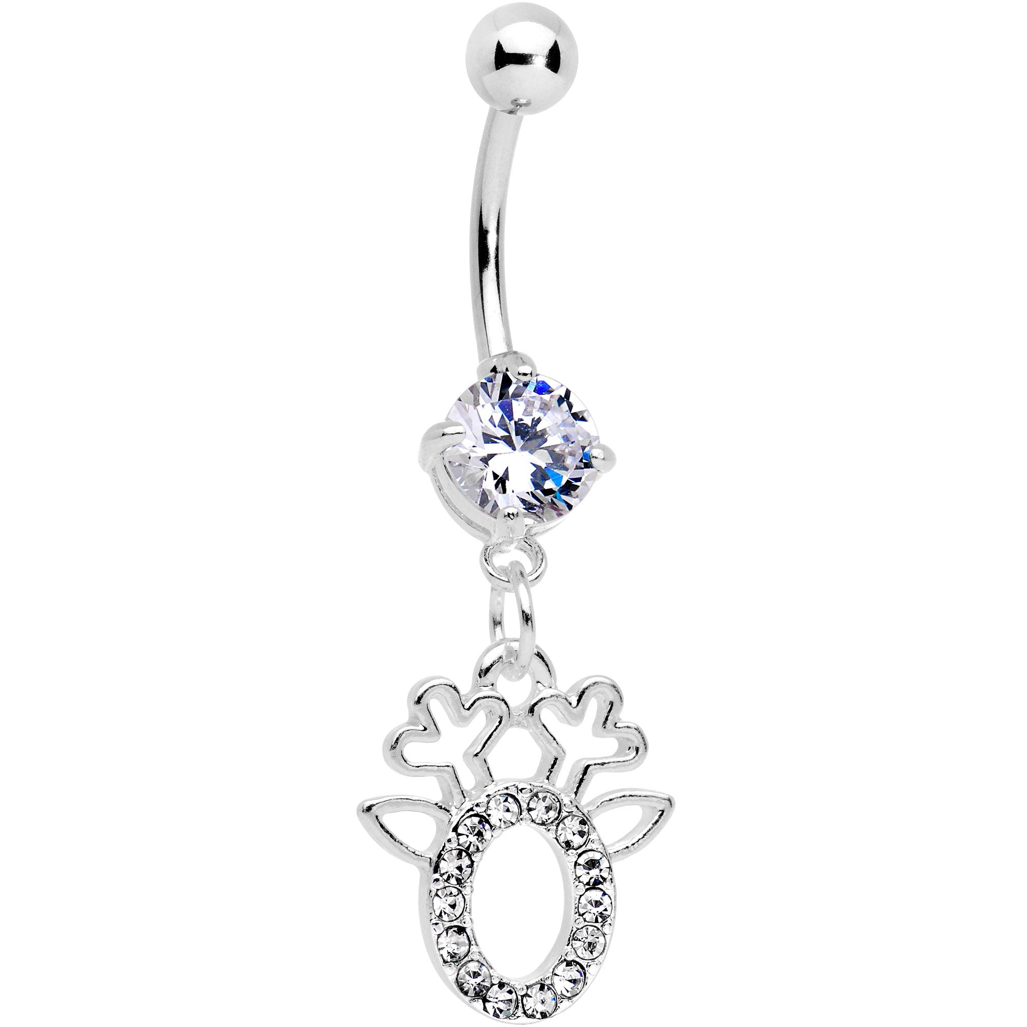 Clear Gem Encrusted Christmas Reindeer Dangle Belly Ring