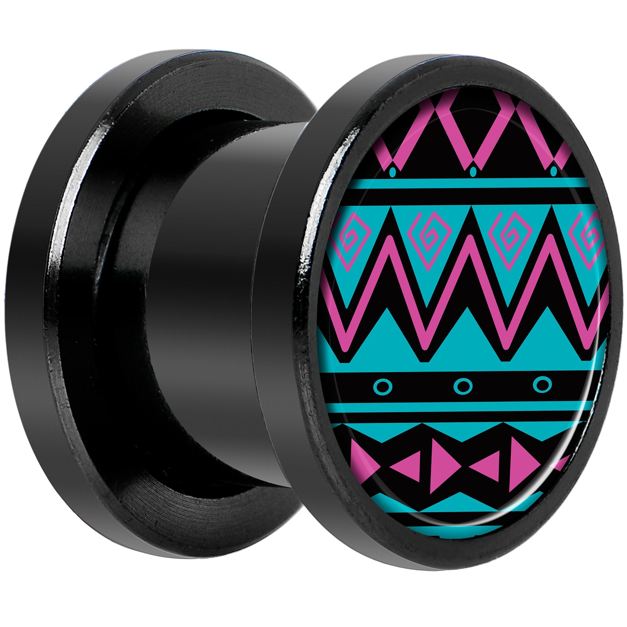 Pink Teal Tribal Print Black Anodized Screw Fit Plug Set 00 Gauge