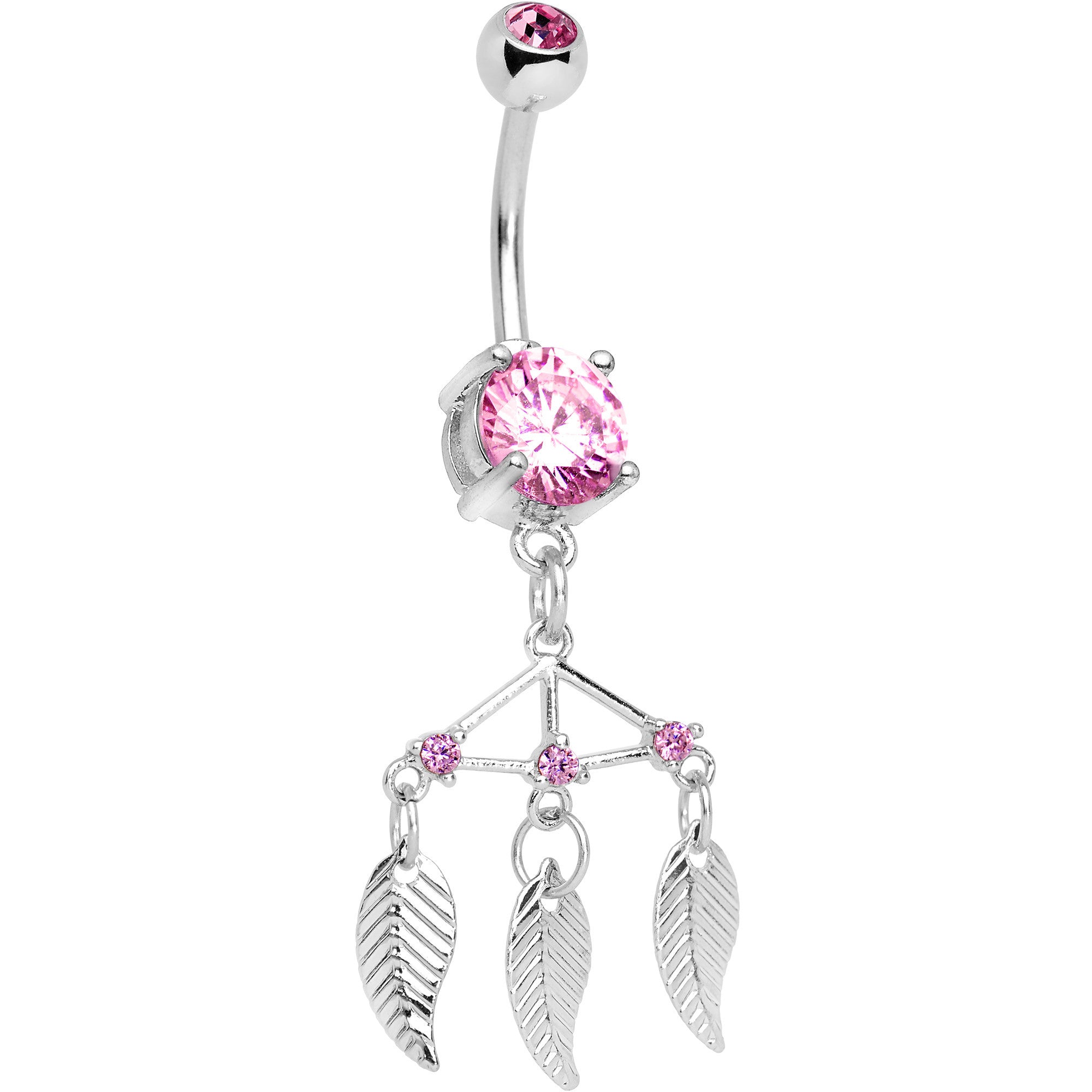 Pink CZ Gem Free Spirit Feather Dangle Belly Ring