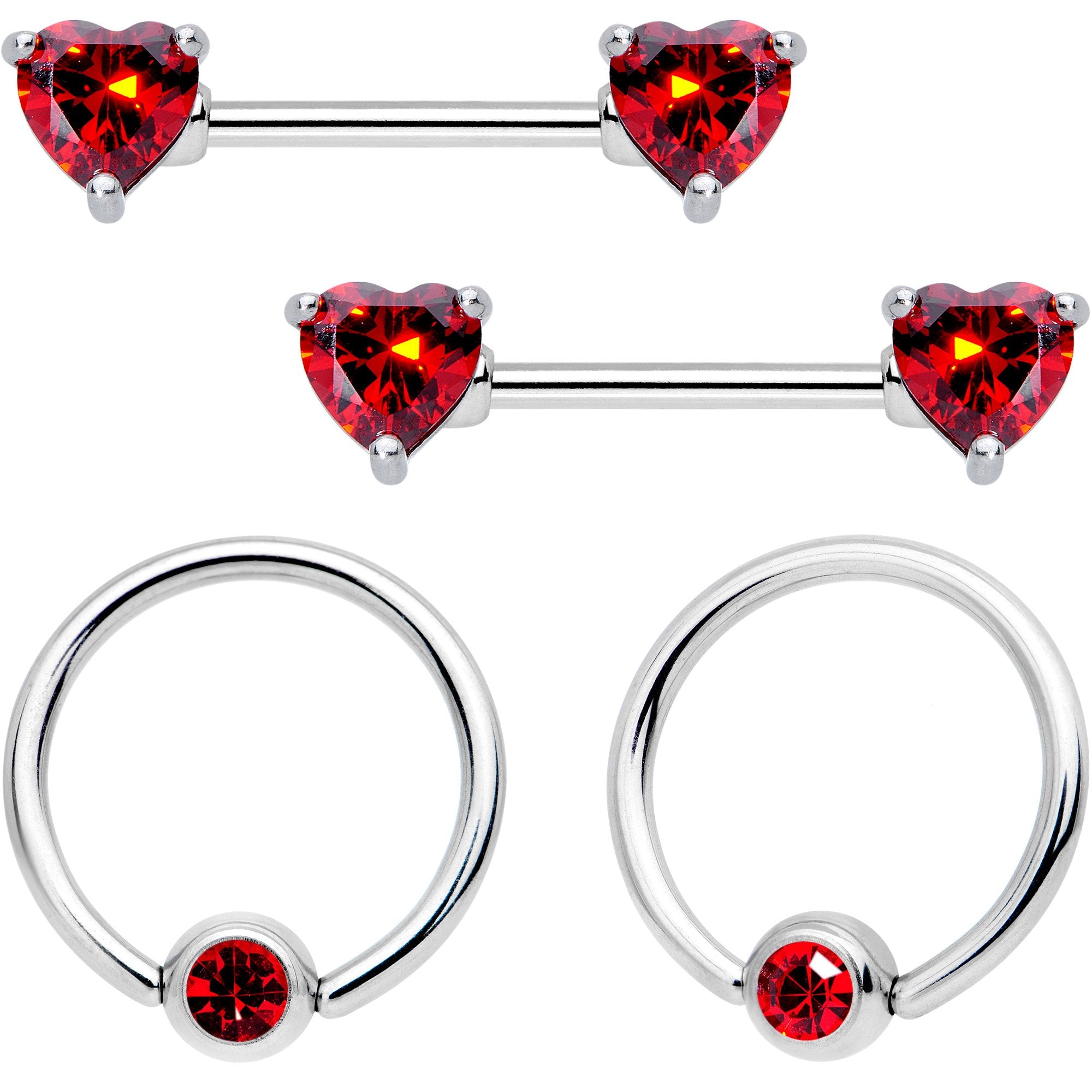 14 Gauge 5/8 Red Gem Heart Captive Ring Barbell Nipple Ring Set