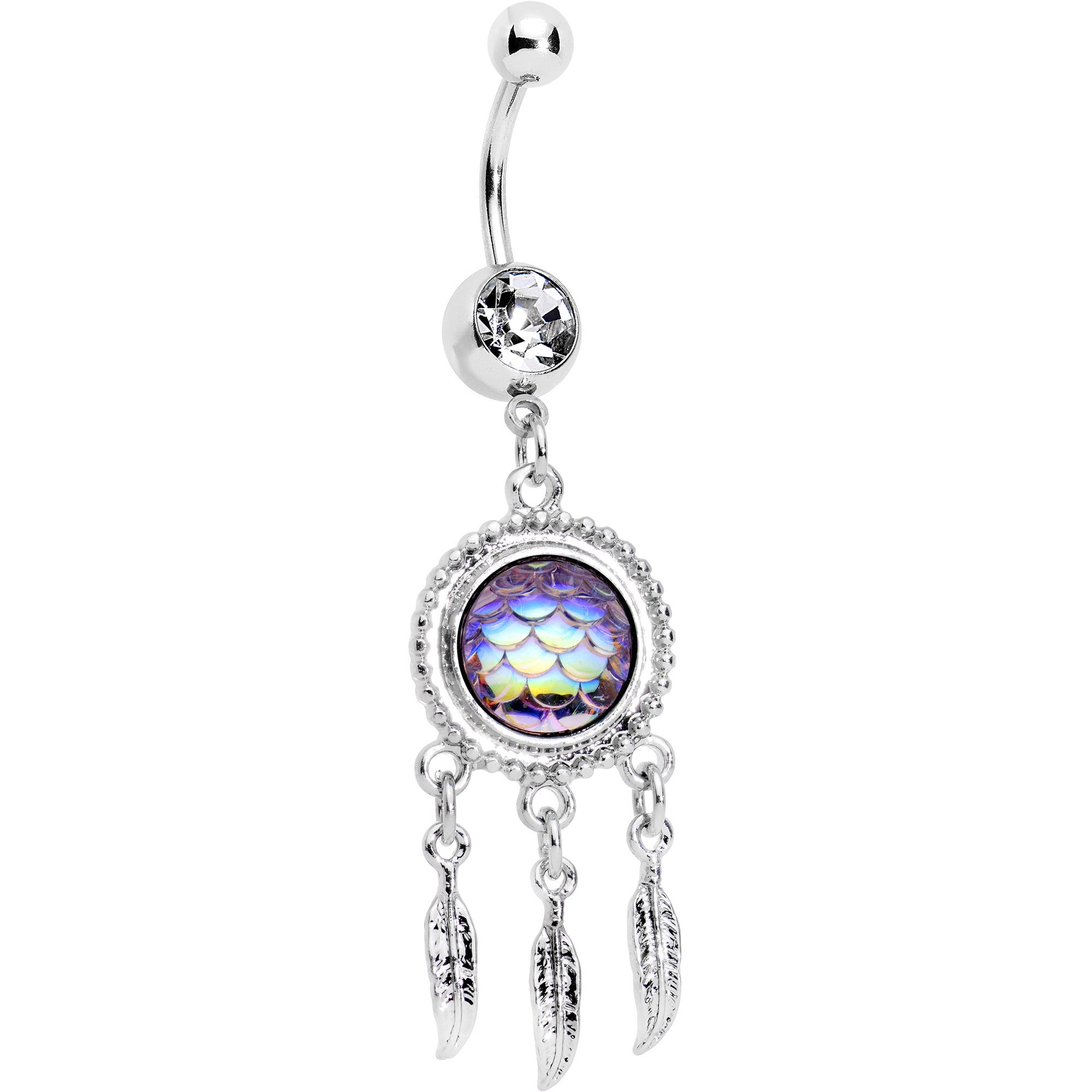 Clear Gem Aurora Mermaid Scale Feather Dreamcatcher Dangle Belly Ring