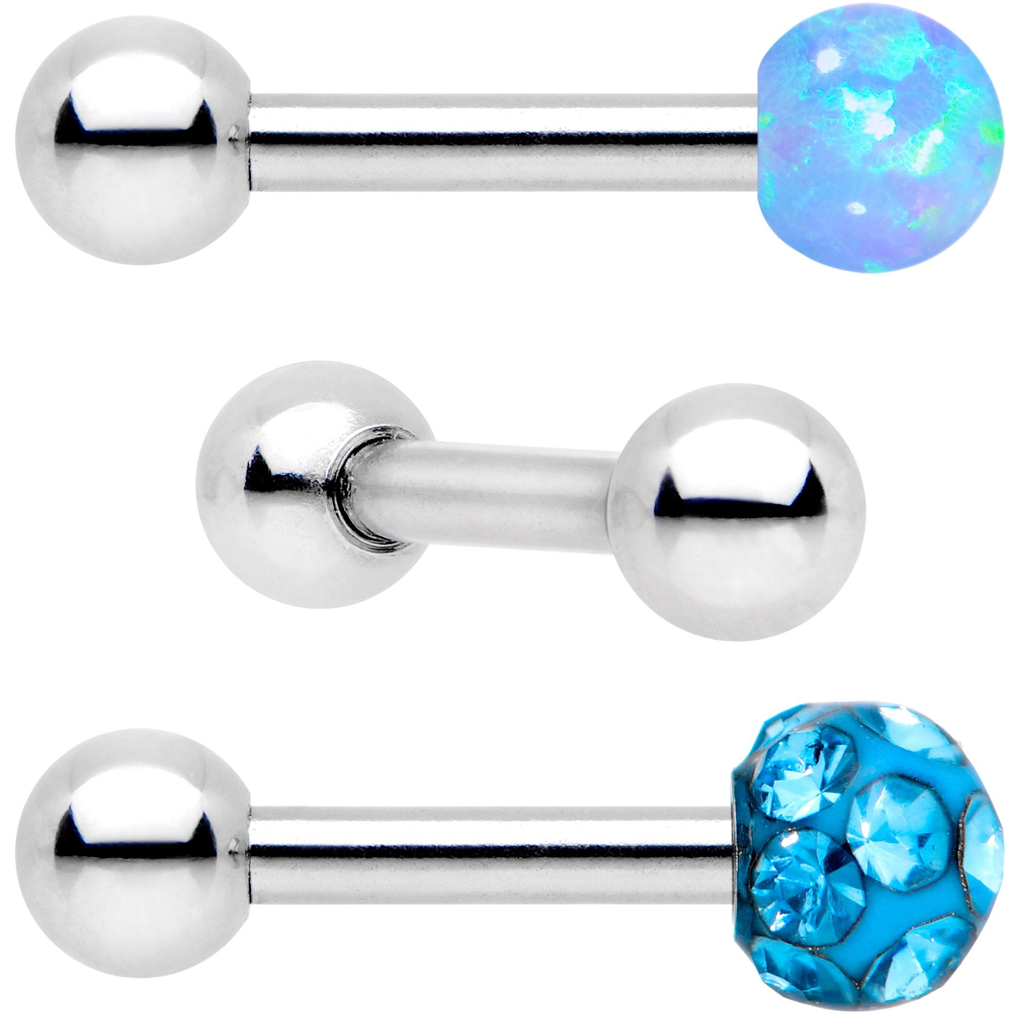 16 Gauge 1/4 Aqua Faux Opal Ball Cartilage Tragus Earring 3 Pack Set