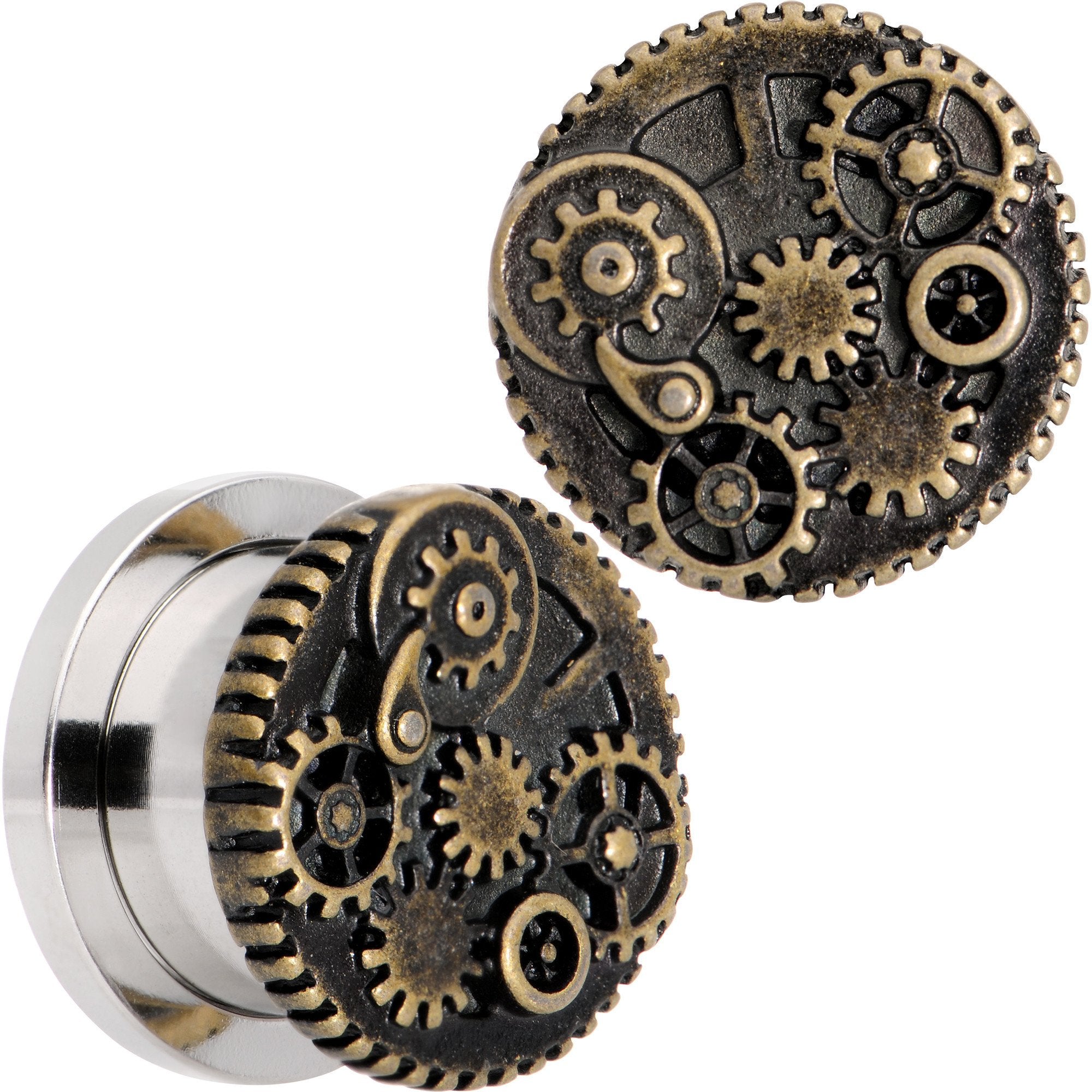 Steampunk Gears and Gizmos Screw Fit Tunnel Plug Set 2 Gauge to 1 Inch