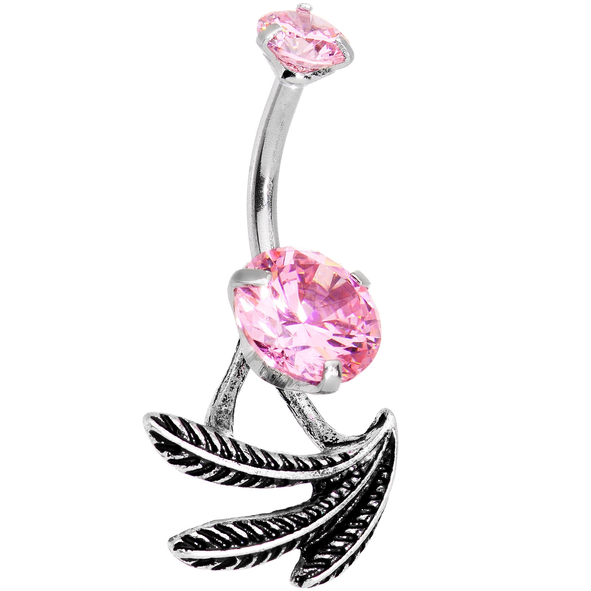 Pink Gem Feather Trio Dangle Belly Ring