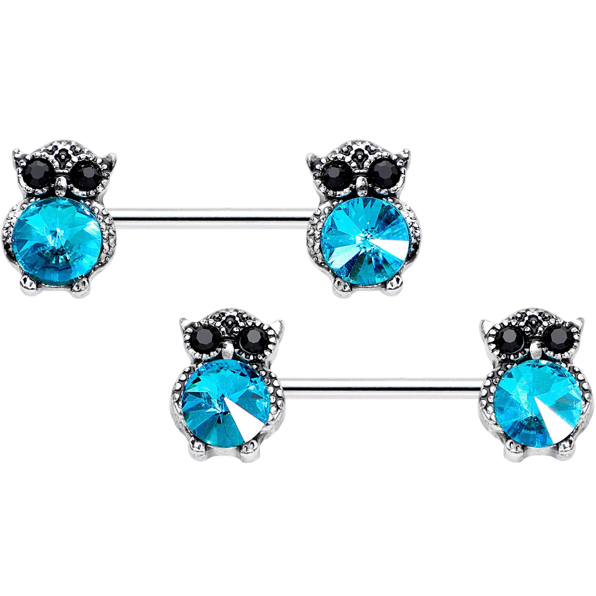 9/16 Aqua Black Gem Mystical Owl Barbell Nipple Ring Set