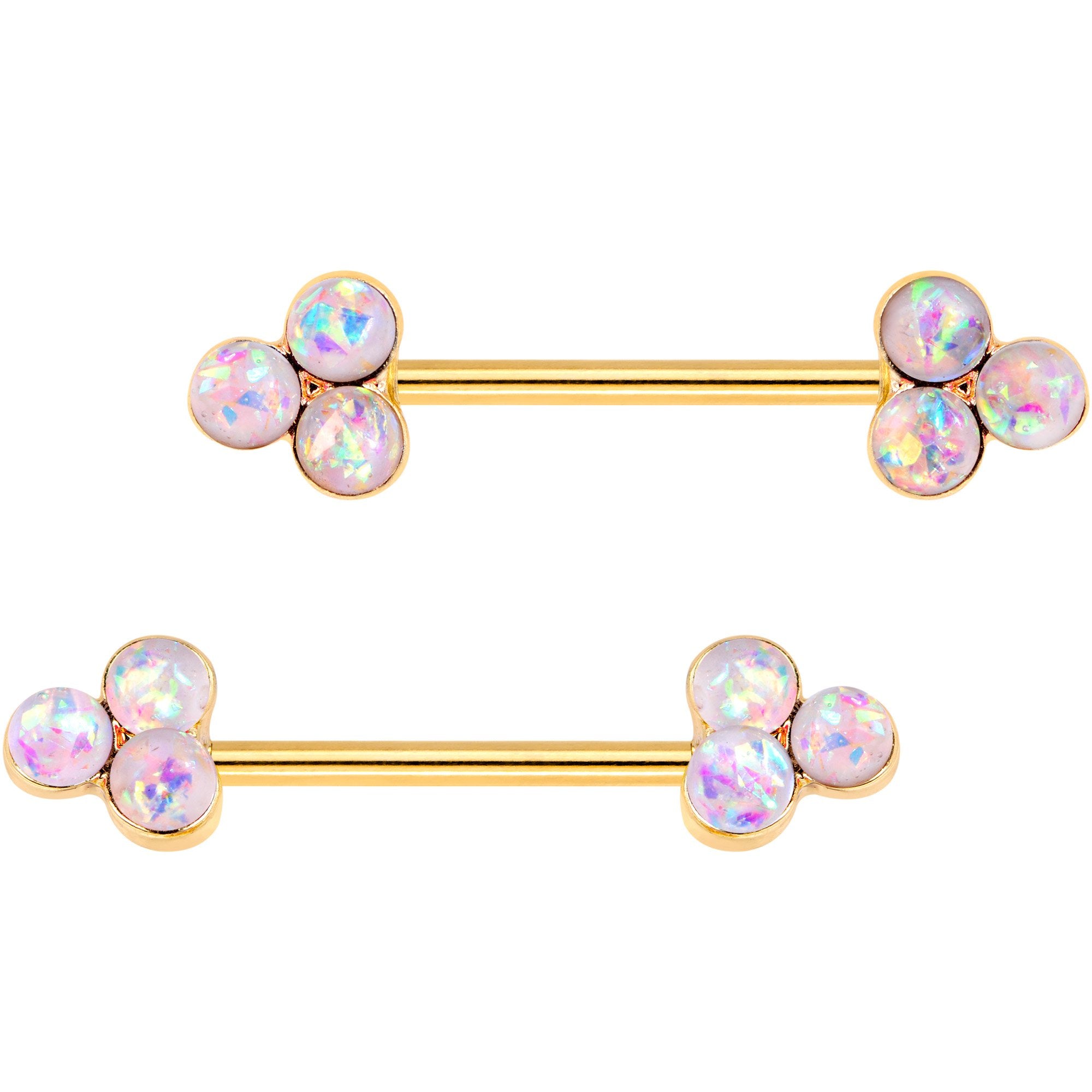 White Faux Opal Gold Tone Plated Triple Circle Barbell Nipple Ring Set