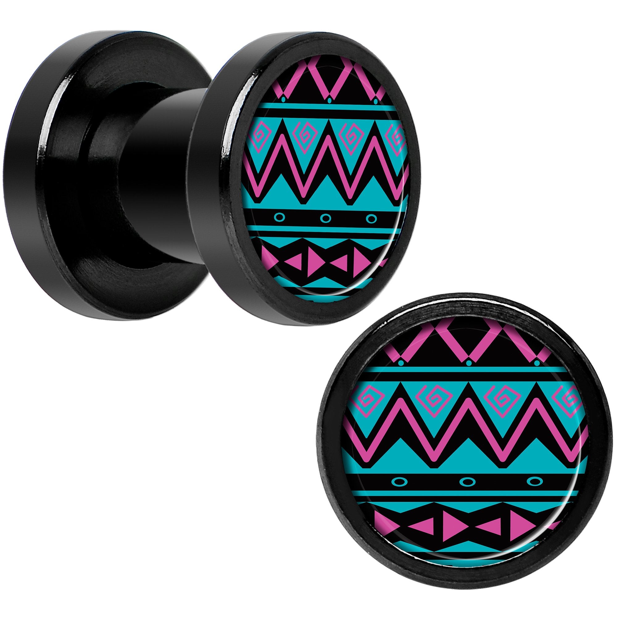 Pink Teal Tribal Print Black Anodized Screw Fit Plug Set 2 Gauge