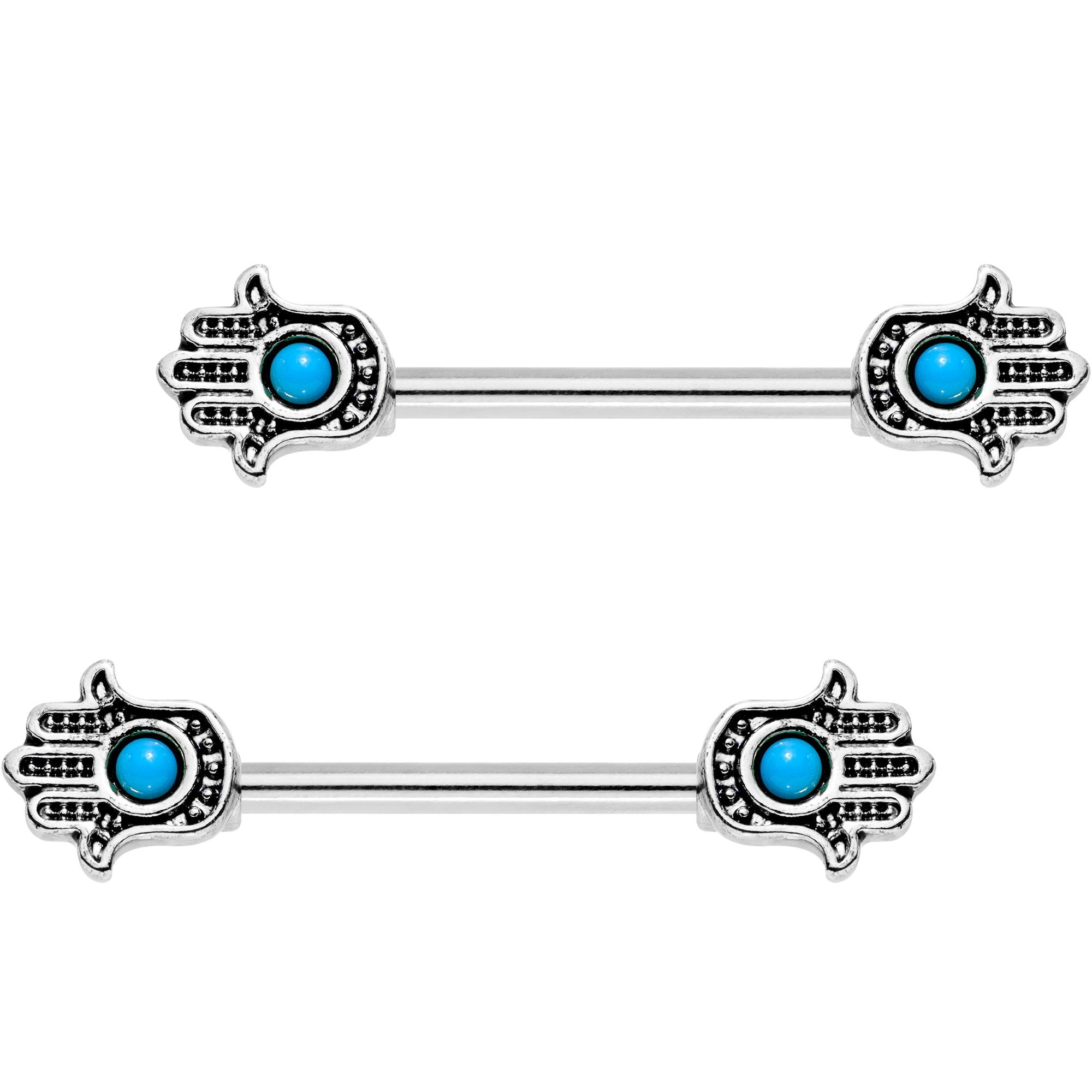 9/16 Blue Orb Hamsa Hand Barbell Nipple Ring Set