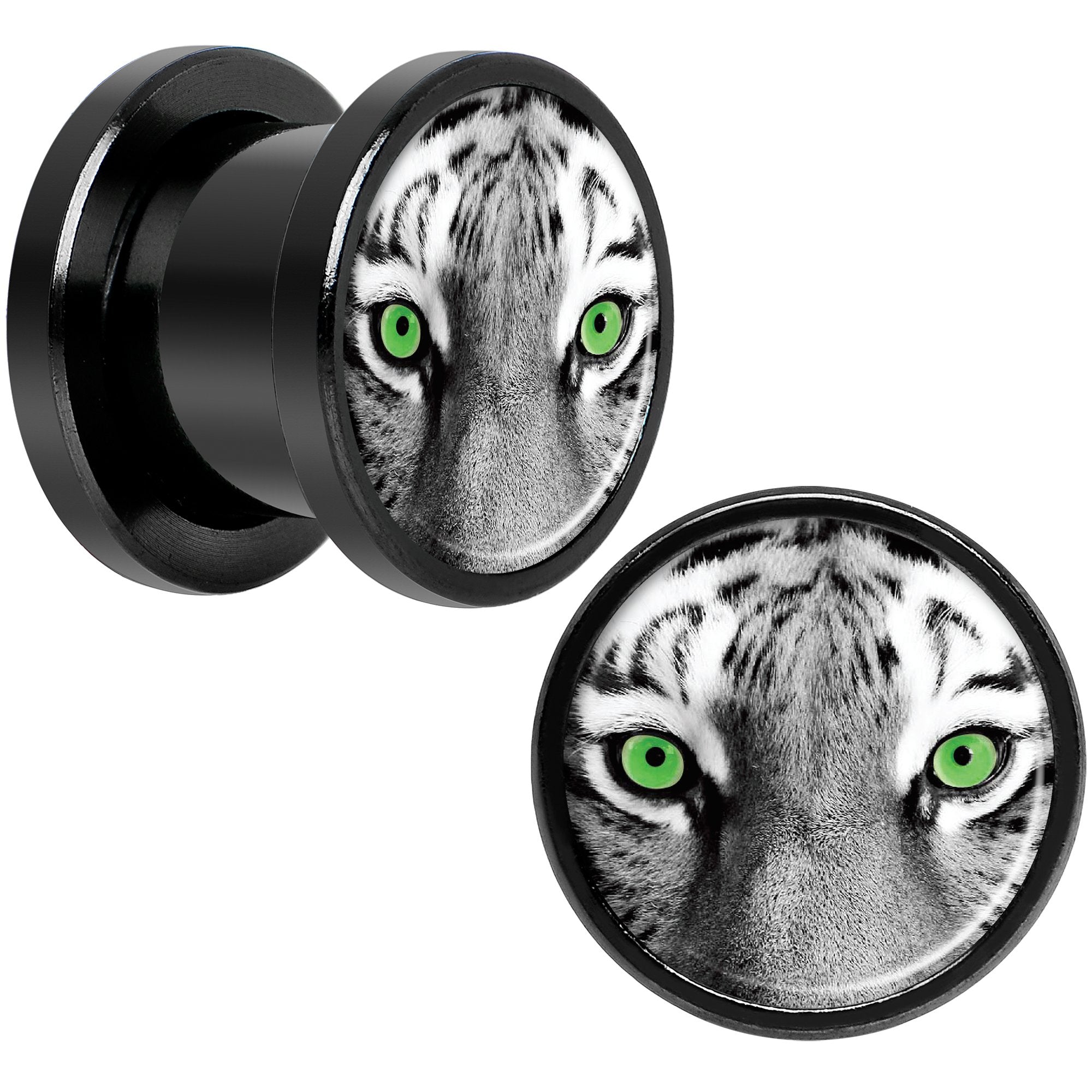 Black White Tiger Eyes Black Anodized Screw Fit Plug Set 00 Gauge