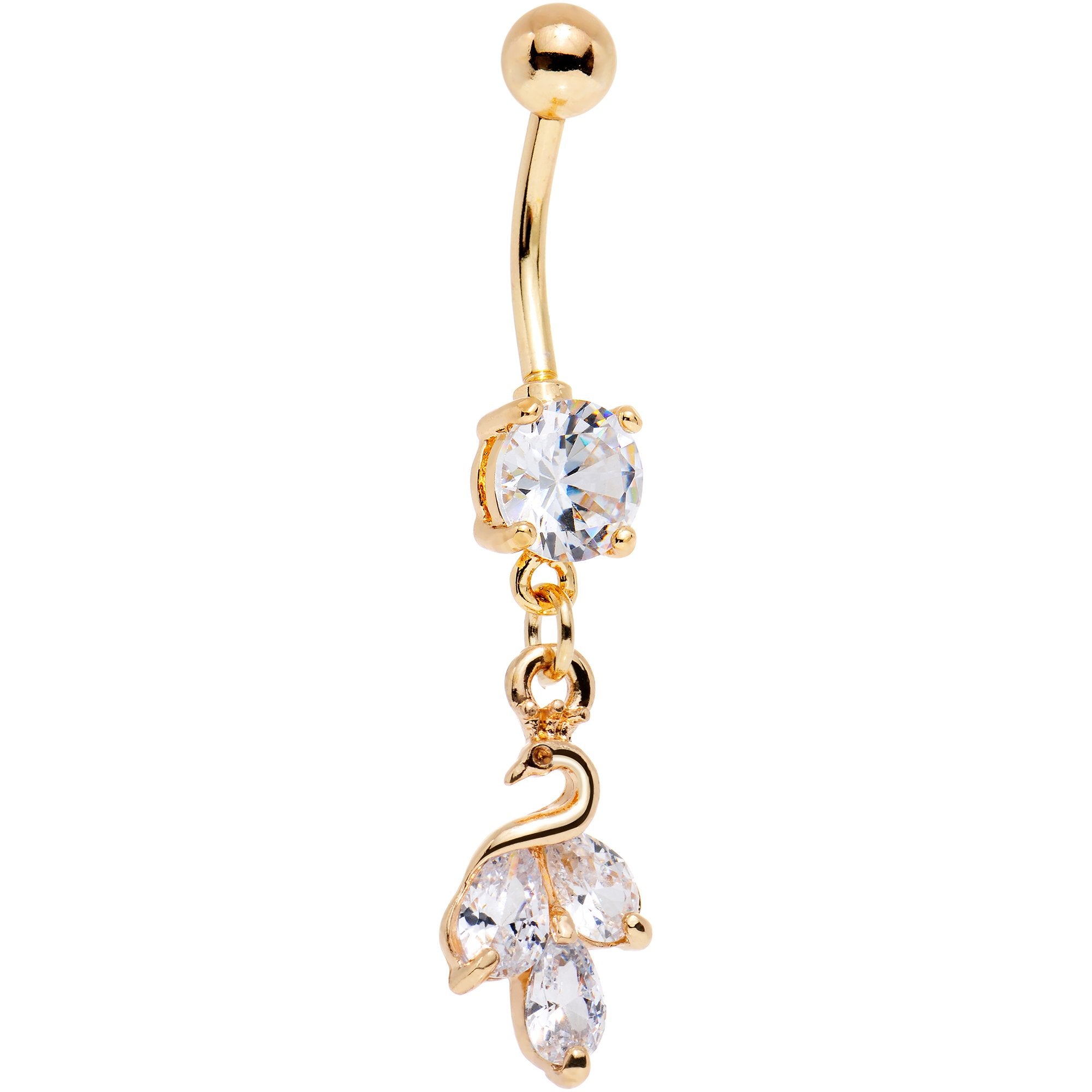 Clear Gem Gold PVD Swan Trio Dangle Belly Ring