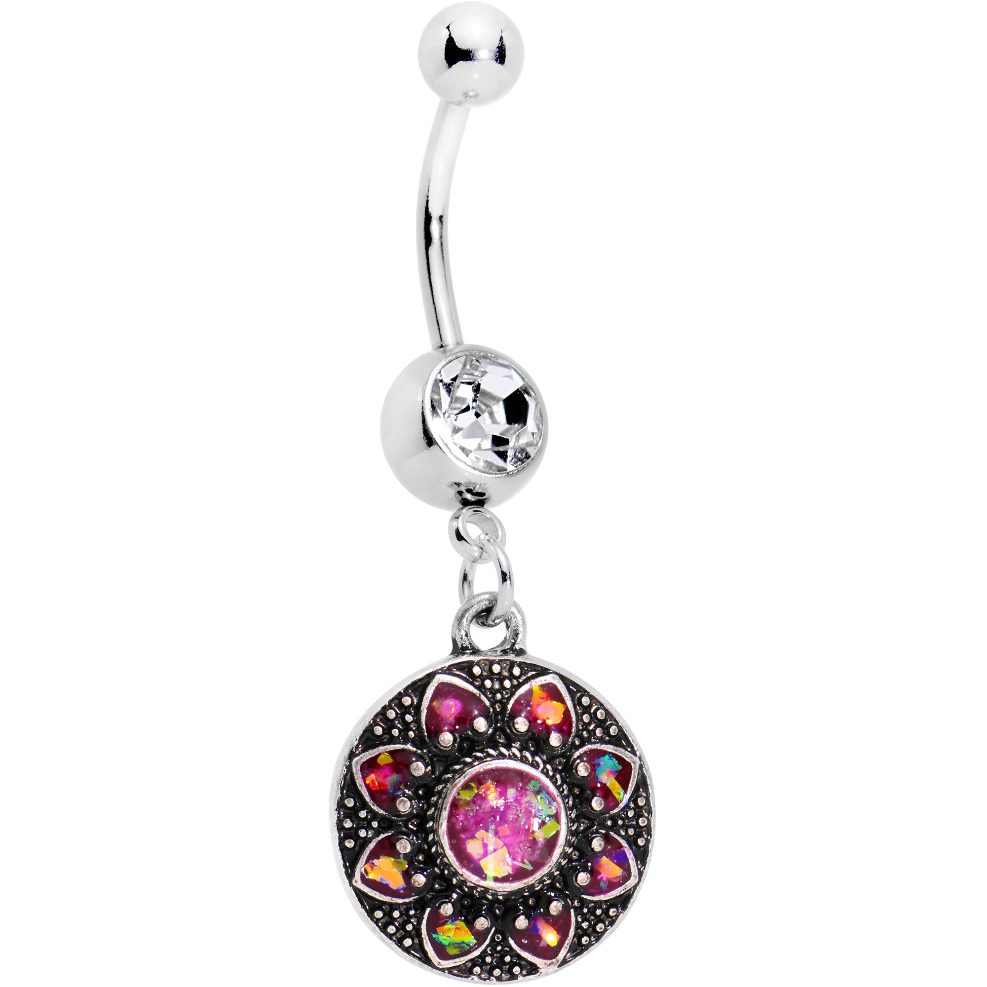 Pink Faux Opal Enclosed Flower Dangle Belly Ring