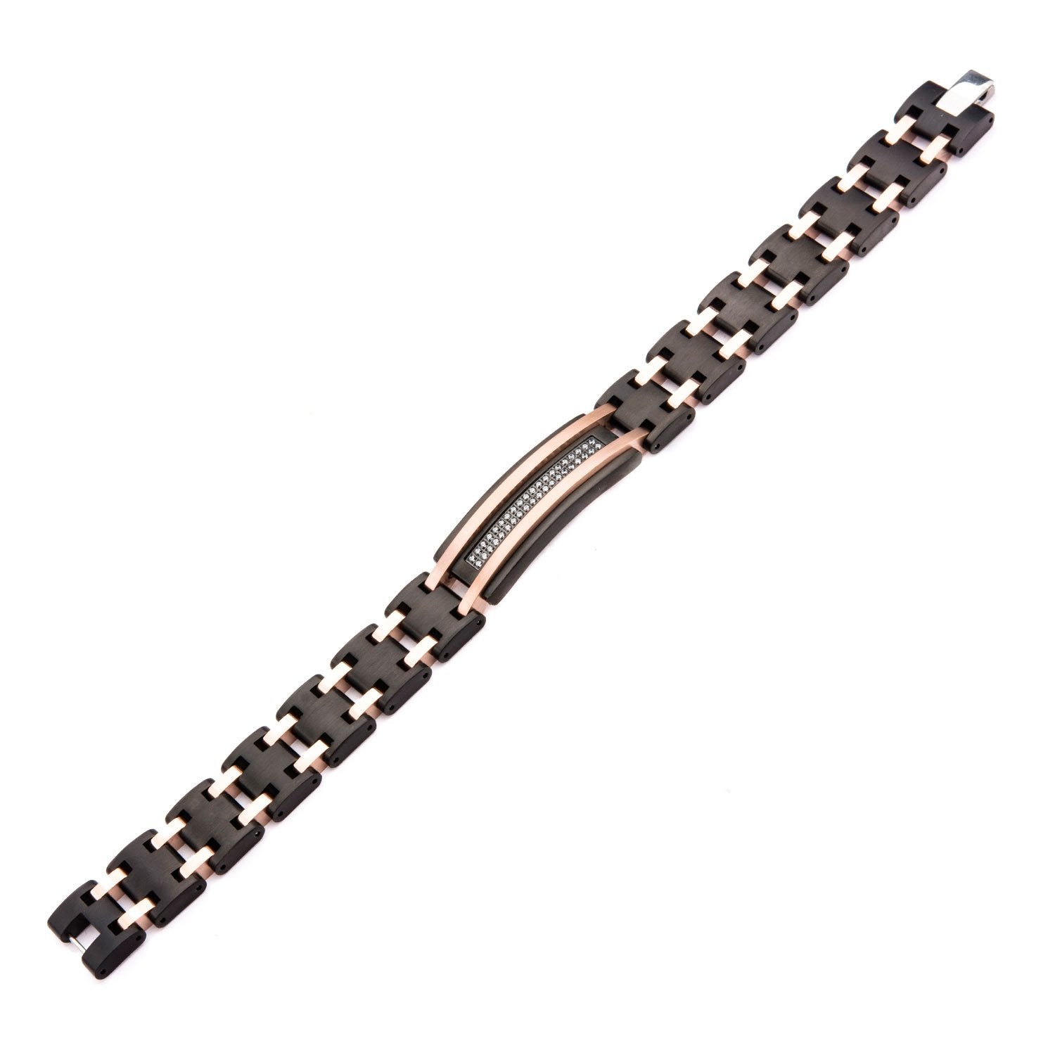 Mens Stainless Steel Black IP and Rose Gold IP with Clear CZ Stone ID Link Bracelet