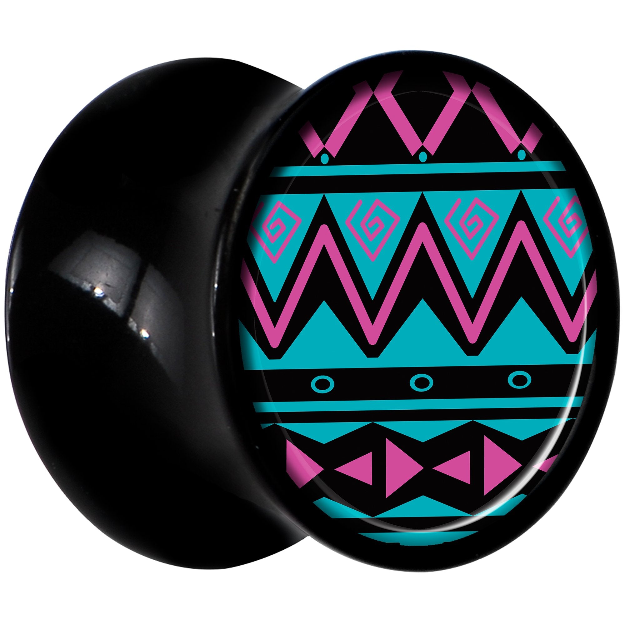 Black Acrylic Pink Teal Tribal Print Saddle Plug Set 00 Gauge