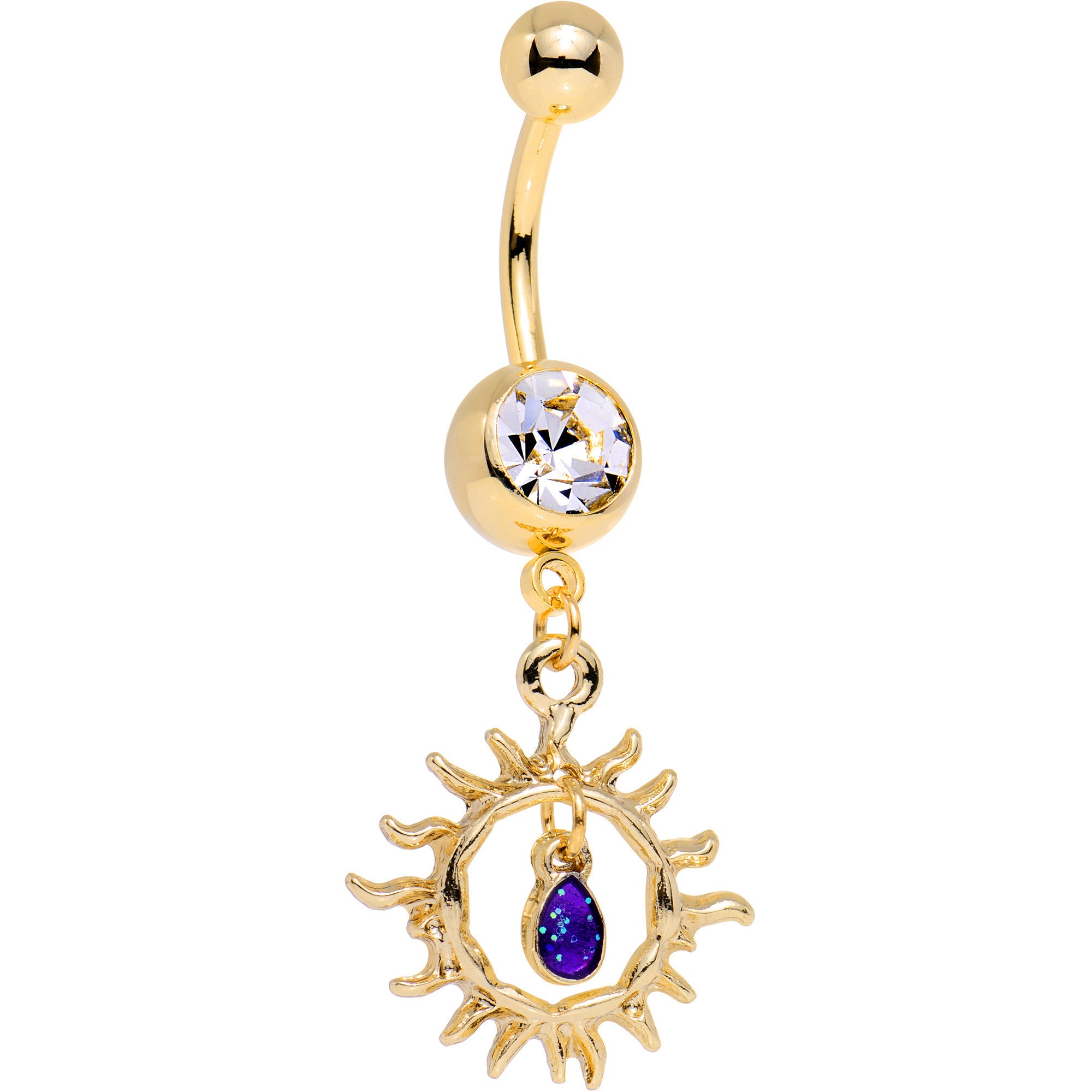 Clear Purple Gem Gold Anodized Tribal Sun Dangle Belly Ring