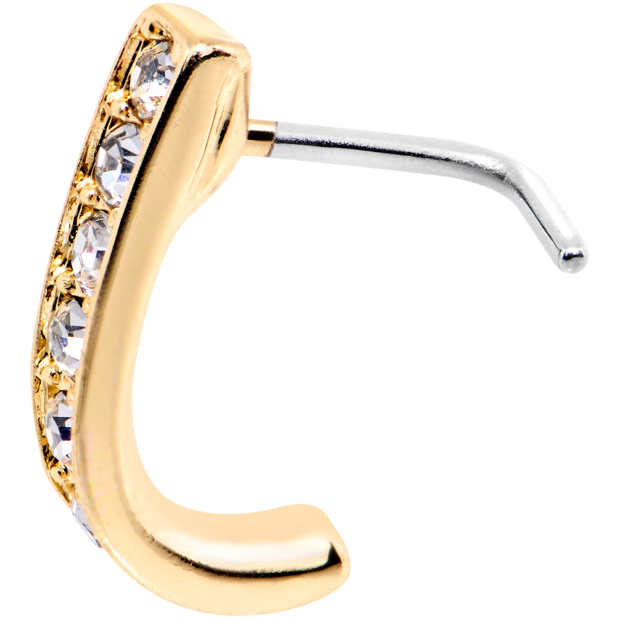 20 Gauge Clear CZ Sleek Gold Tone Faux Hoop L Shaped Nose Ring