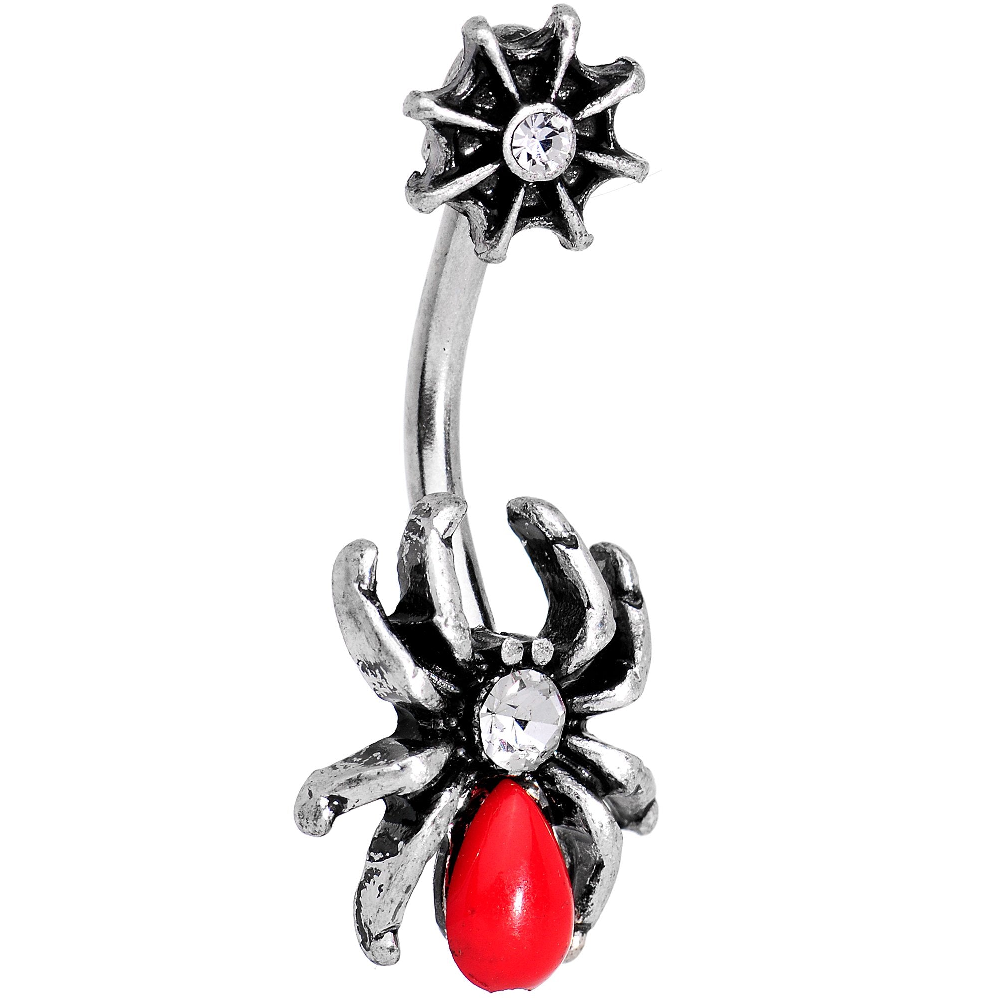 Clear Gem Red Orb Spider and Web Halloween Double Mount Belly Ring