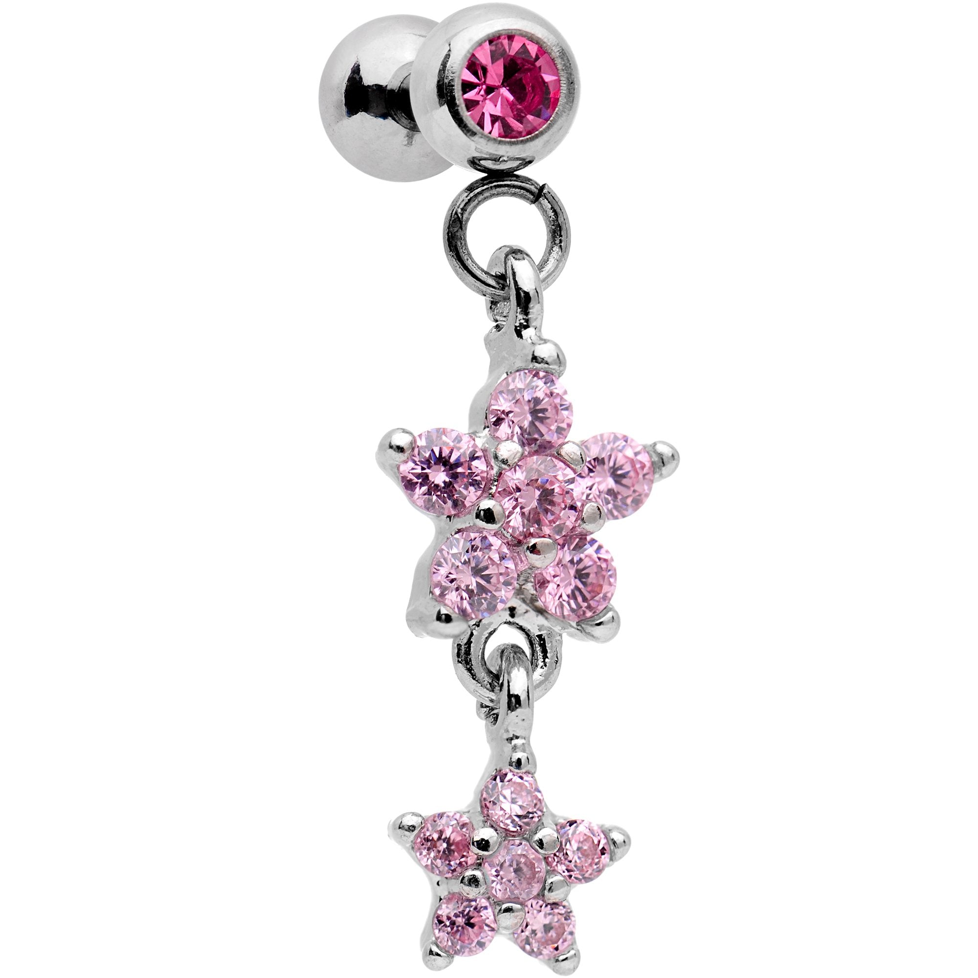 16 Gauge 1/4 Pink Gem Double Star Dangle Cartilage Tragus Earring