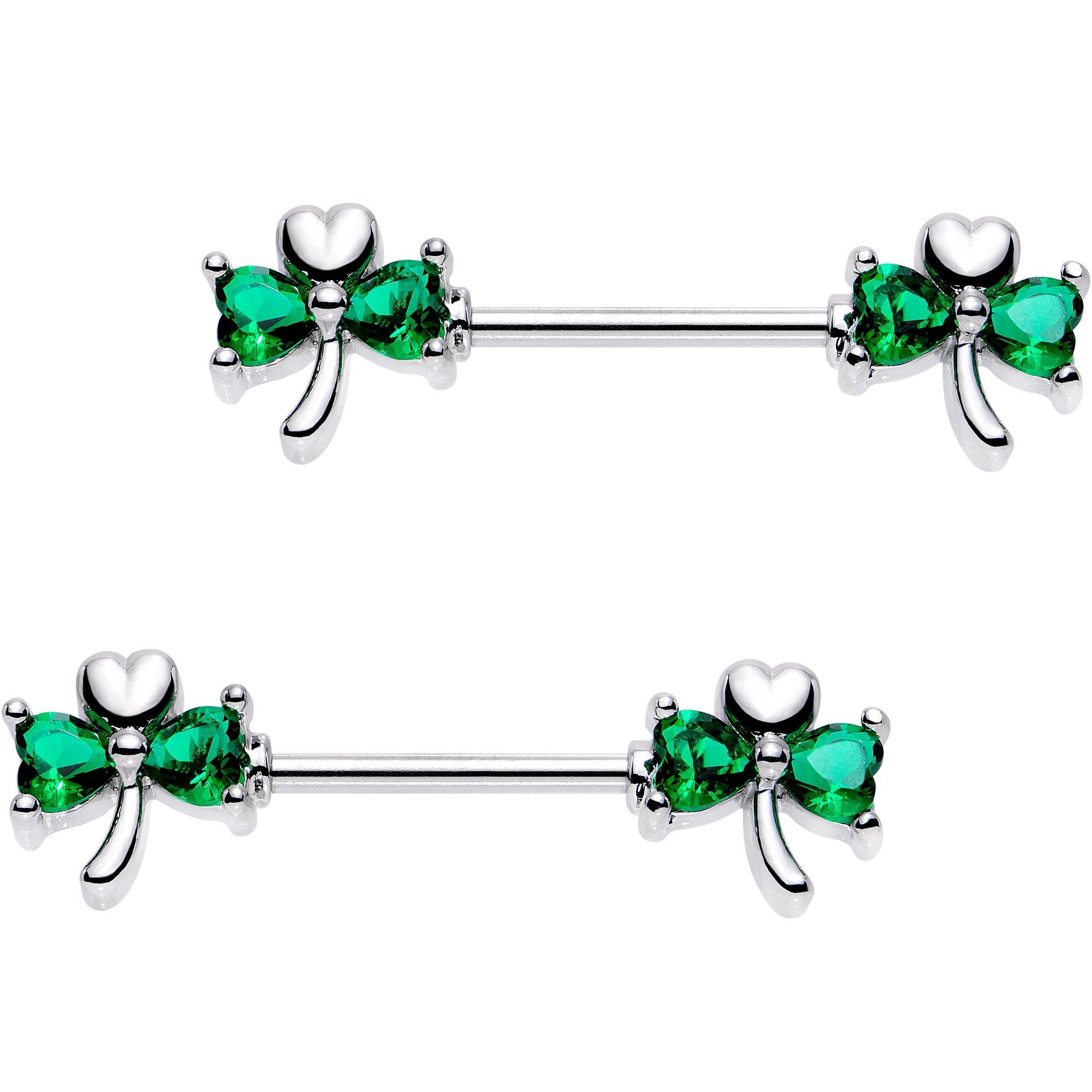 9/16 Green Gem Shamrock Heart Barbell Nipple Ring Set