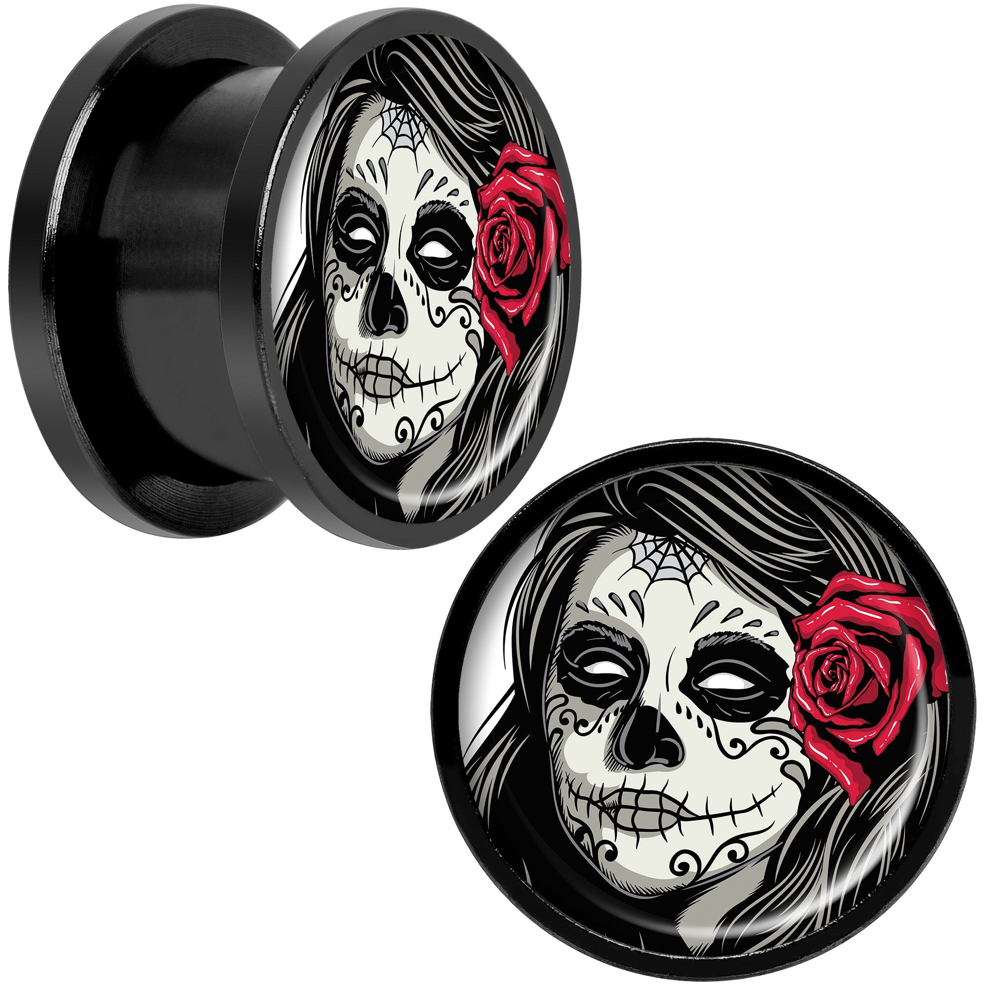 Katrina Sugar Skull with Rose Flower Black Anodized Screw Fit Plug Set 9/16