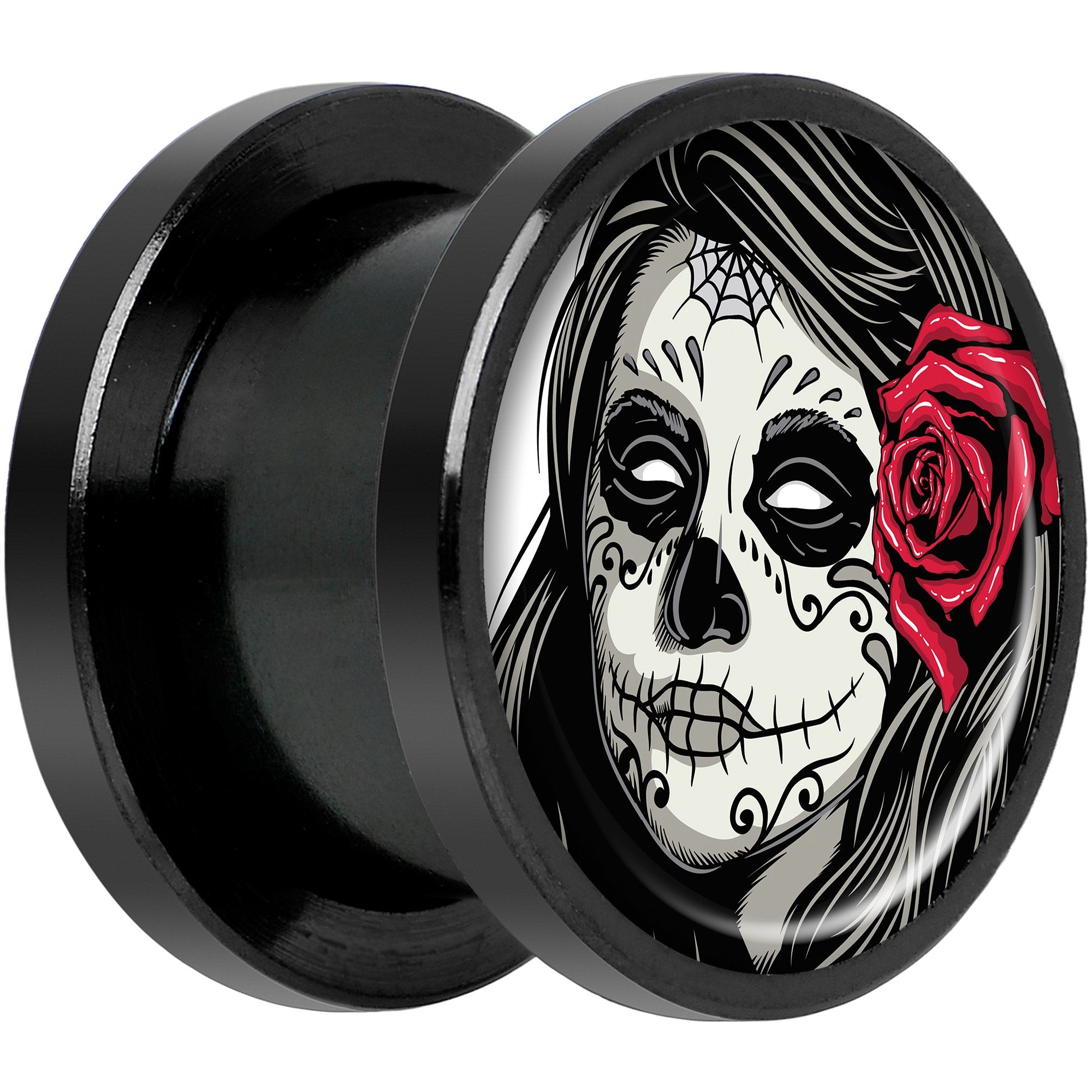 Katrina Sugar Skull with Rose Flower Black Anodized Screw Fit Plug Set 1/2