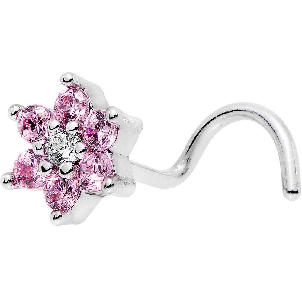 20 Gauge 1/4 Pink and Clear CZ Gem Flower Left Nose Screw