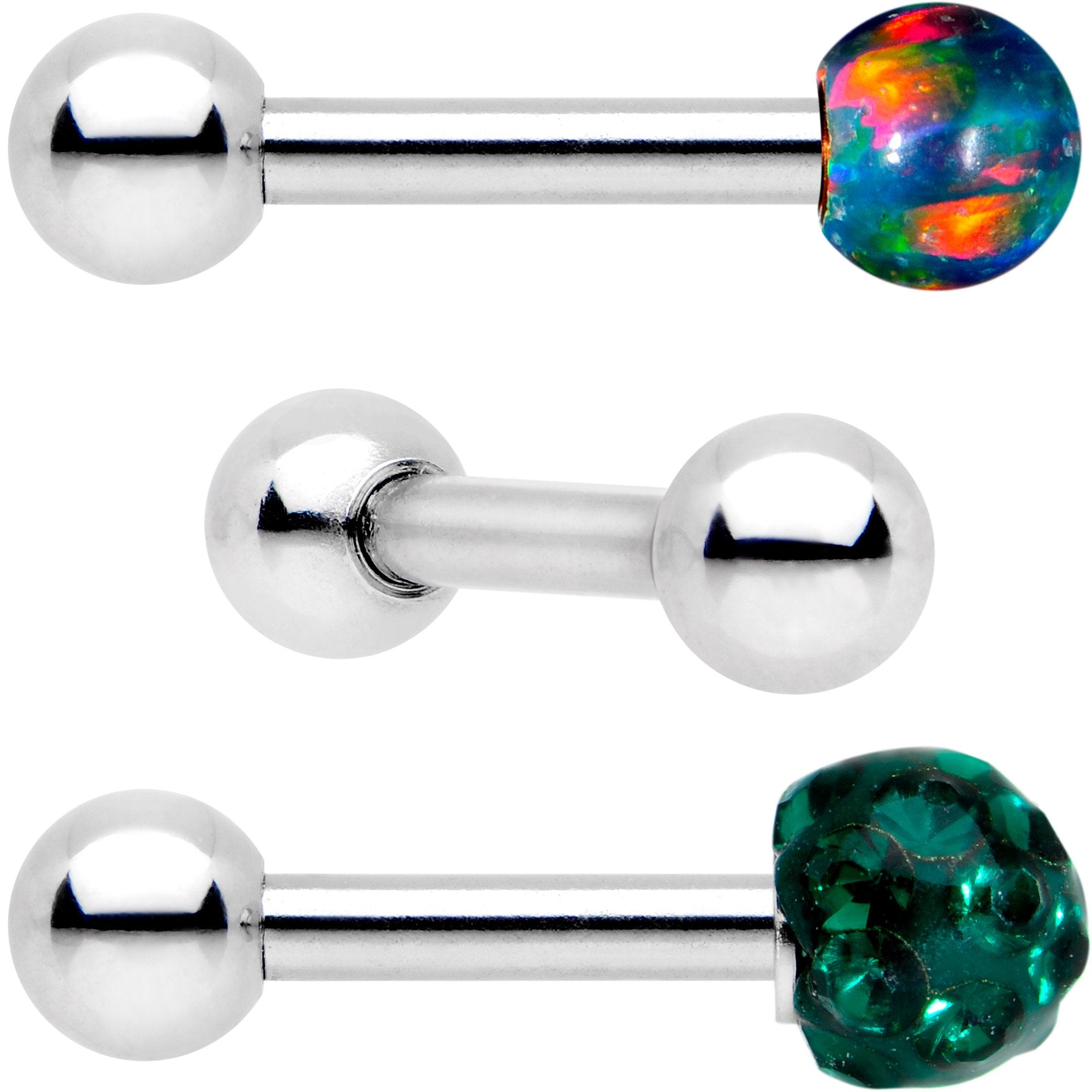 16 Gauge 1/4 Green Faux Opal Ball Cartilage Tragus Earring 3 Pack Set