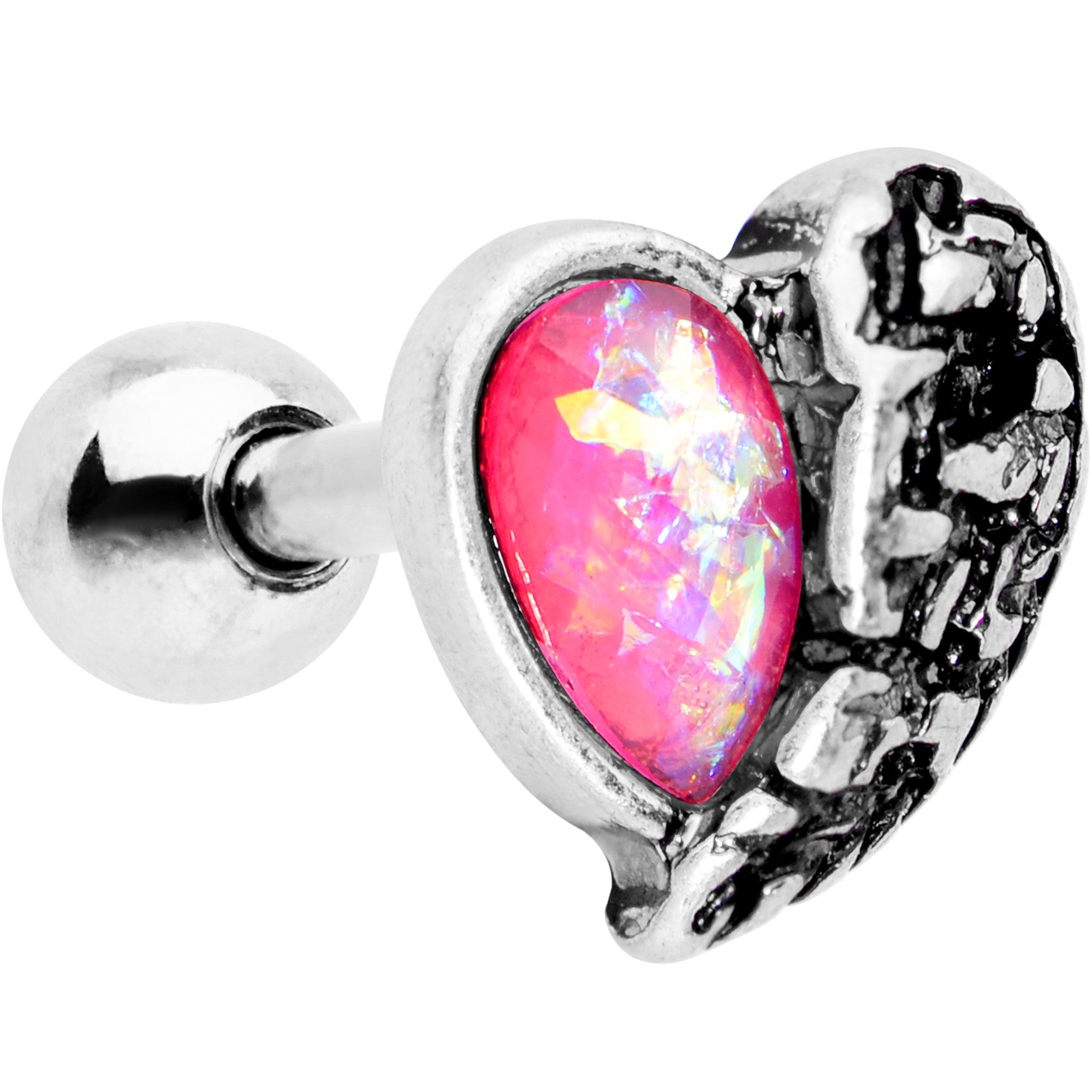 Pink Faux Opal Half Heart Tragus Cartilage Earring