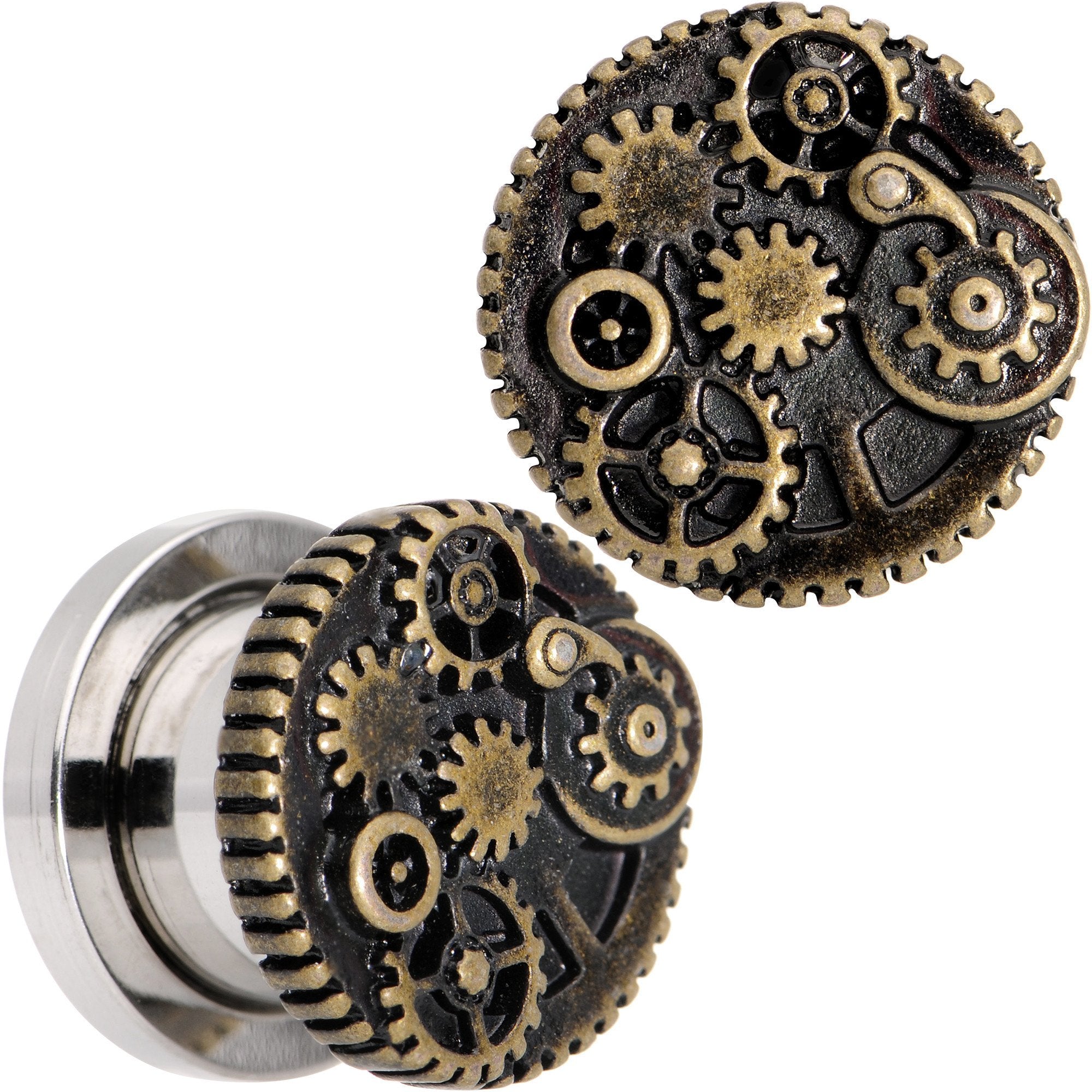 Steampunk Gears and Gizmos Screw Fit Tunnel Plug Set 2 Gauge to 1 Inch