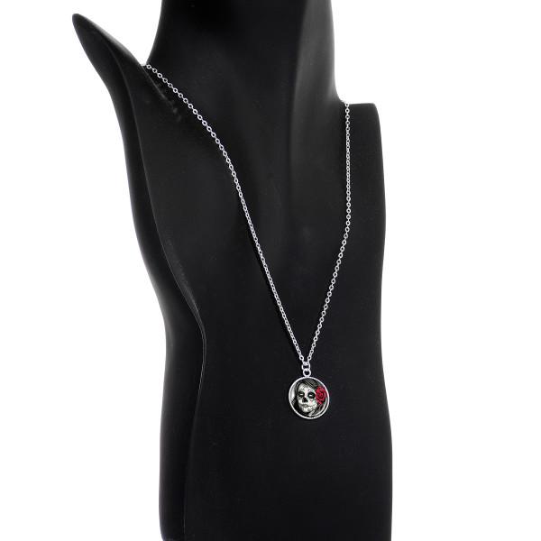 Katrina Sugar Skull with Rose Flower Silver Plated Chain Necklace