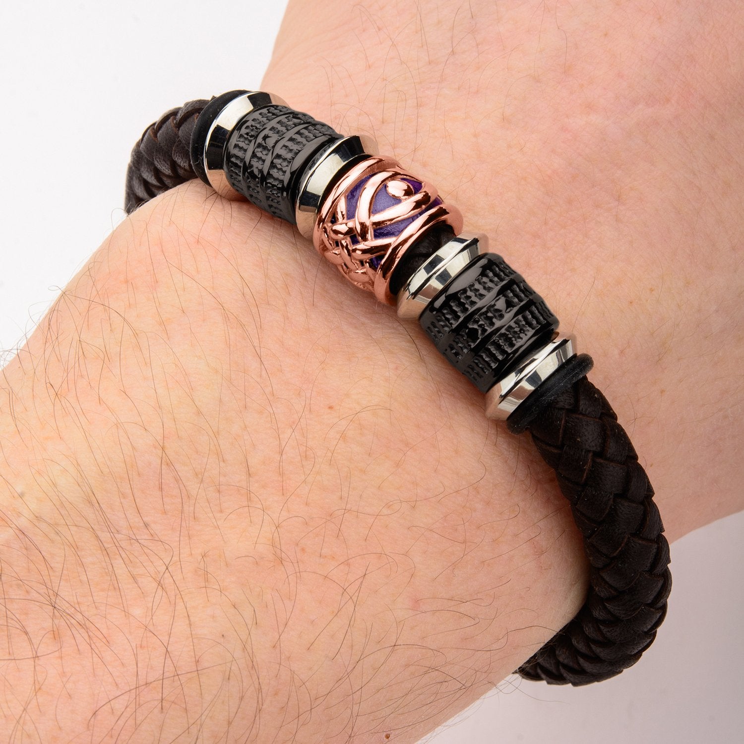 Mens Steel and Brown Bead in Brown Braided Leather 8mm Bracelet