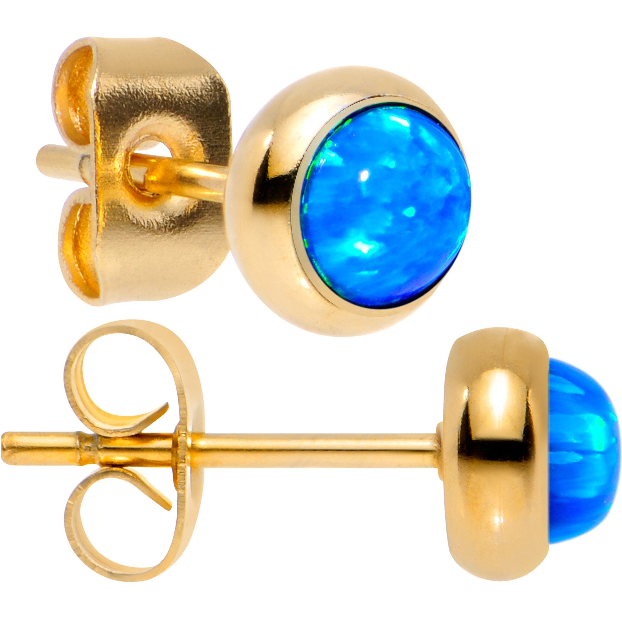 Blue Synthetic Opal Gold IP 316L Surgical Steel Stud Earrings