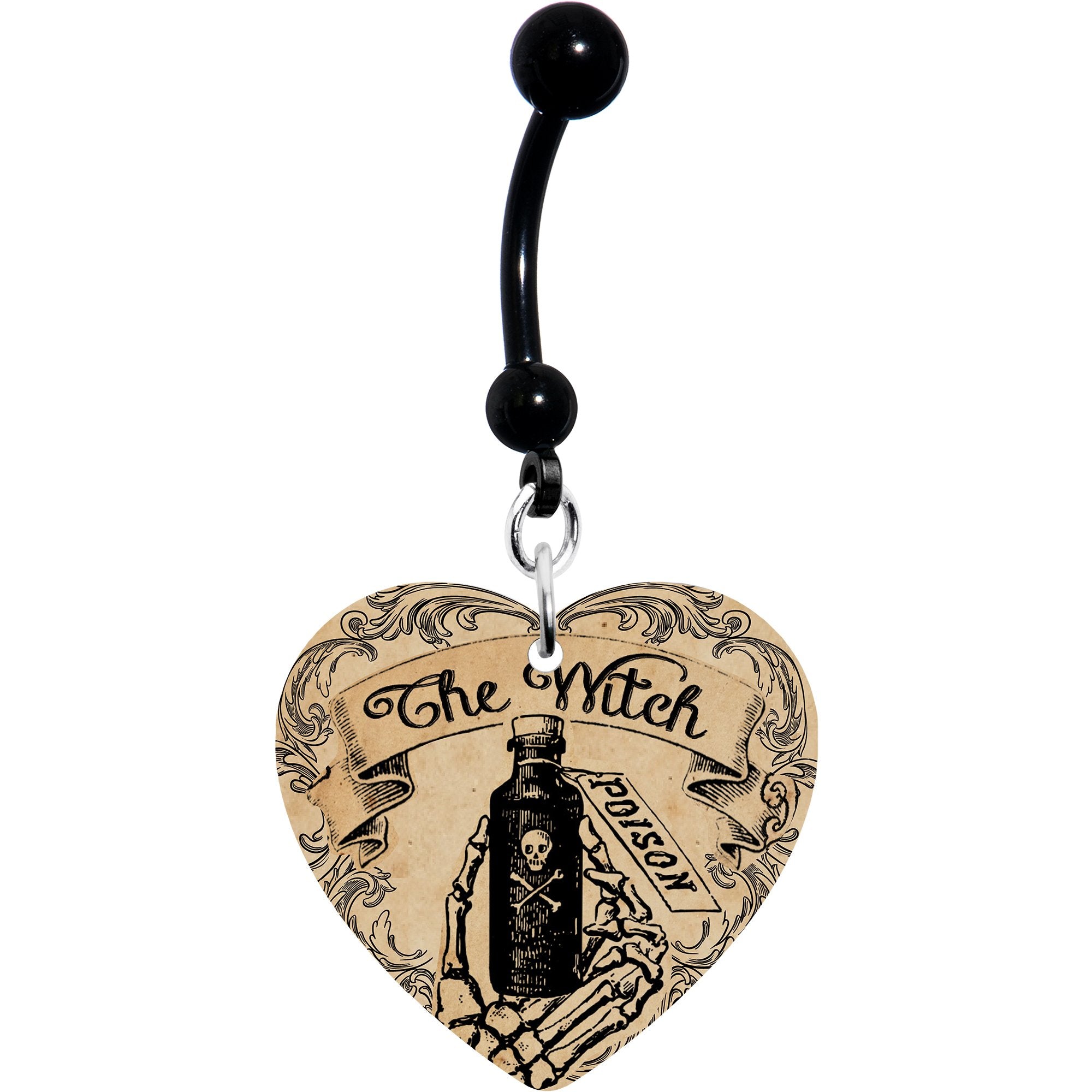 Witches Brew Poison Potion Halloween Black Heart Dangle Belly Ring