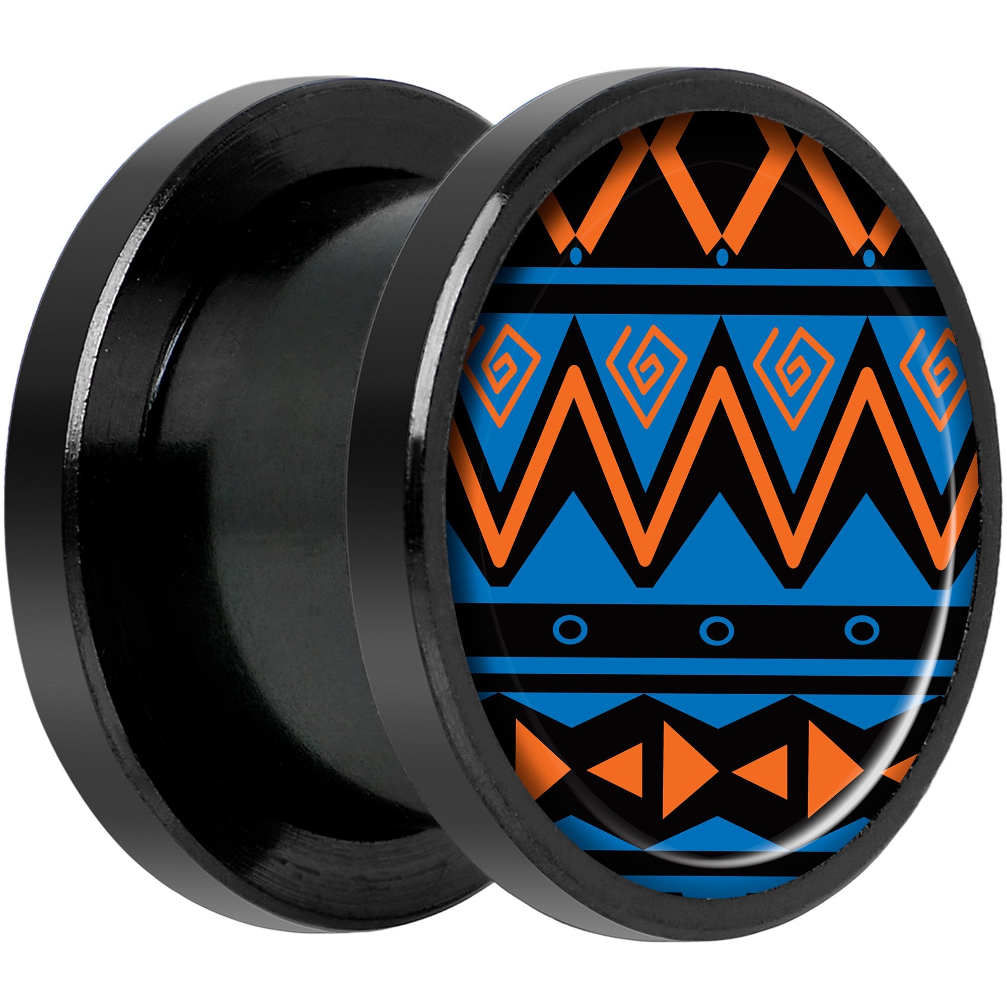 Blue Orange Tribal Print Black Anodized Screw Fit Plug Set 1/2