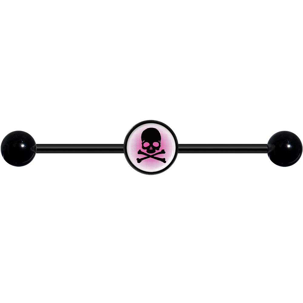 14 Gauge Pink Black Skull Black Industrial Barbell 37mm