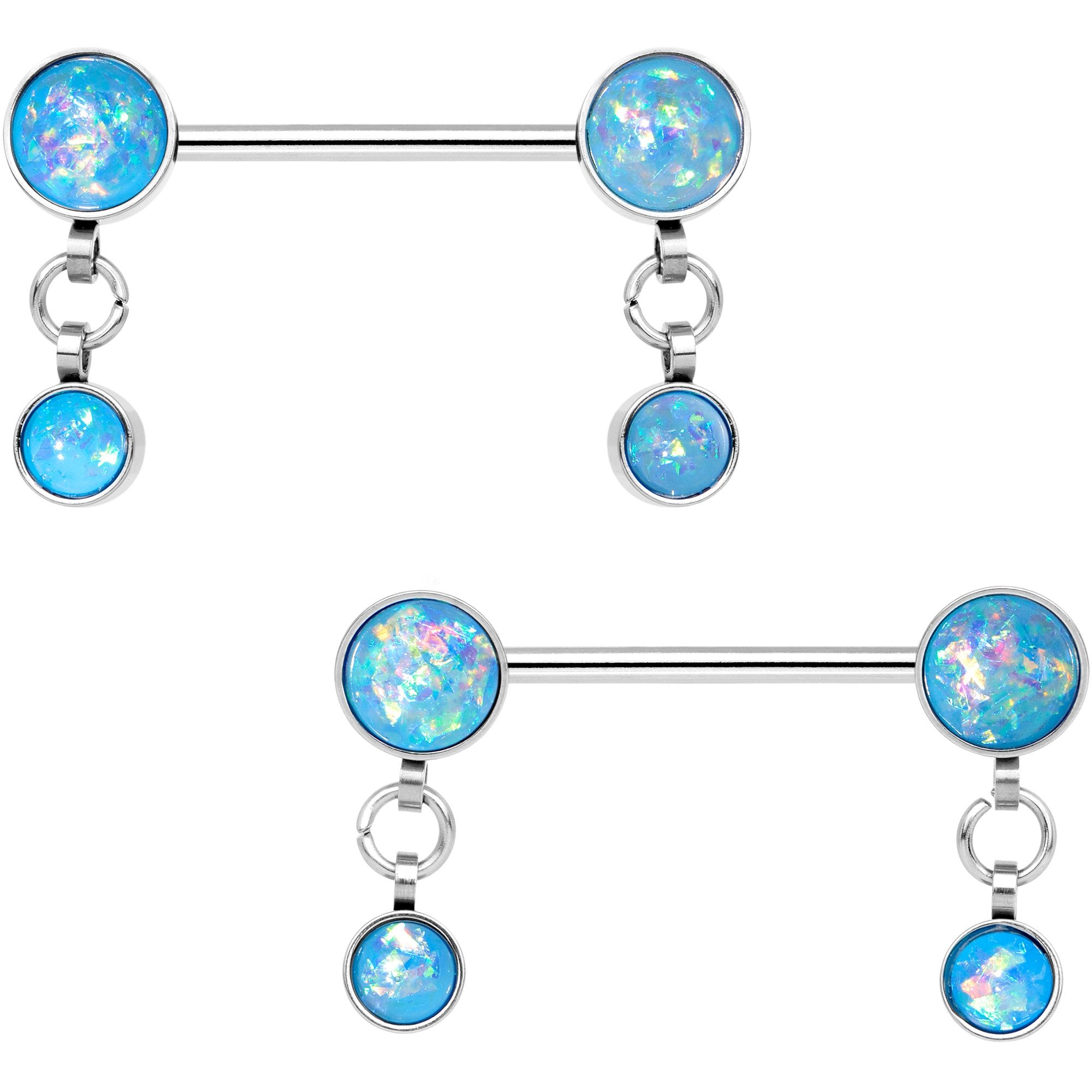 Aqua Faux Opal Inlay Dangle Barbell Nipple Ring Set