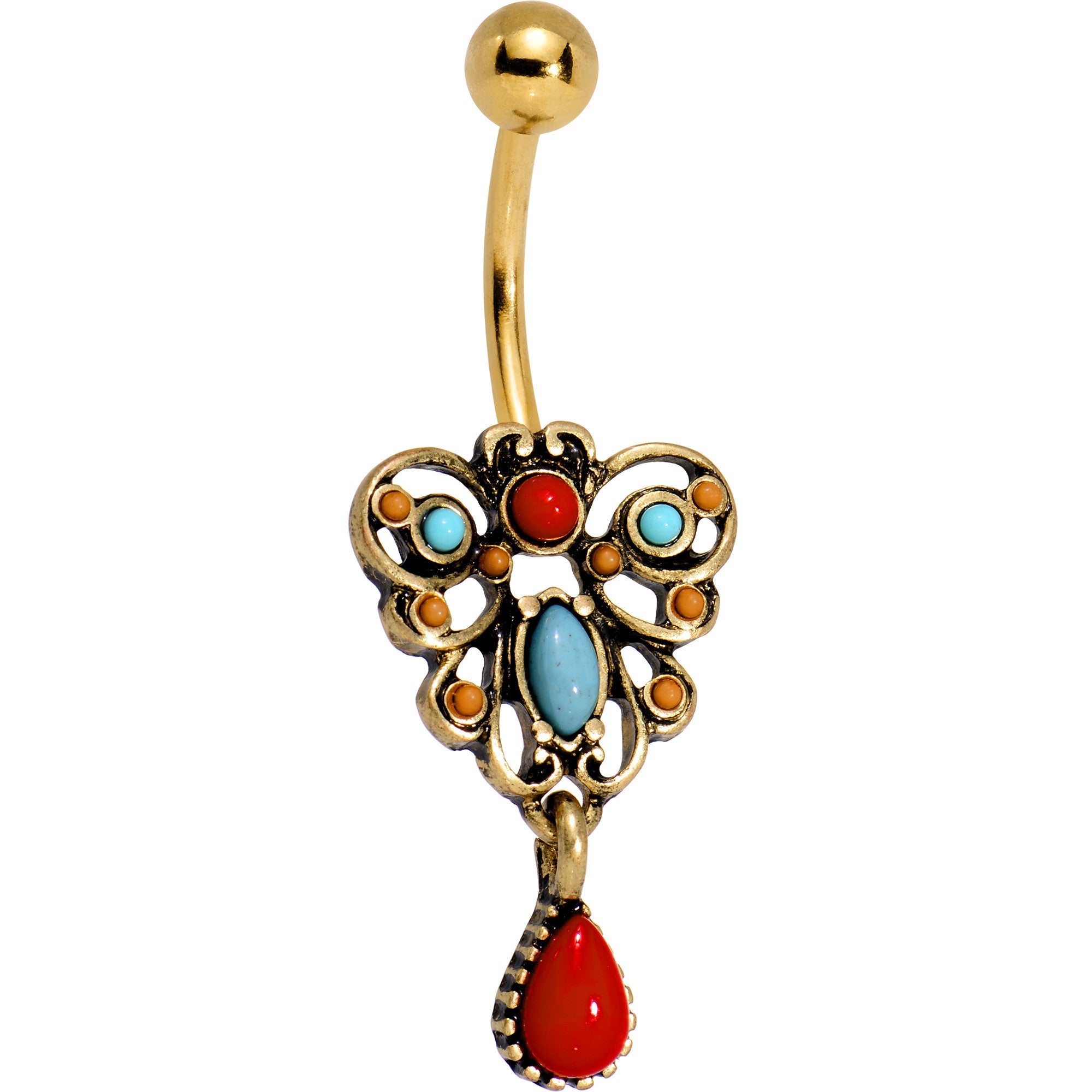 Southwestern Blue Red Antique Style Filigree Dangle Belly Ring