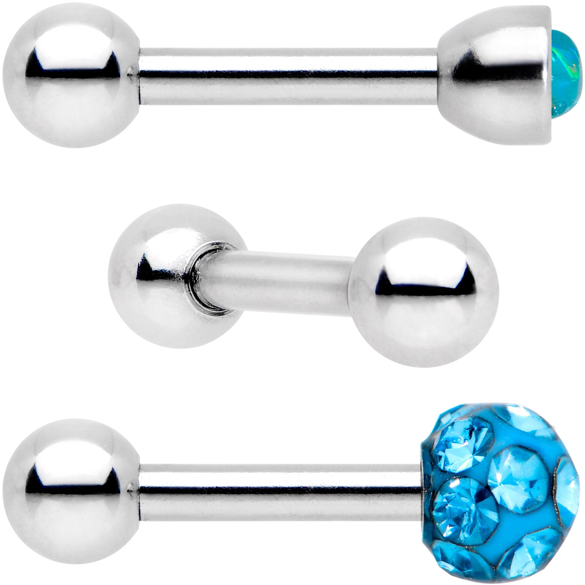 16 Gauge 1/4 Aqua Faux Opal Inlay Cartilage Tragus Earring 3 Pack Set