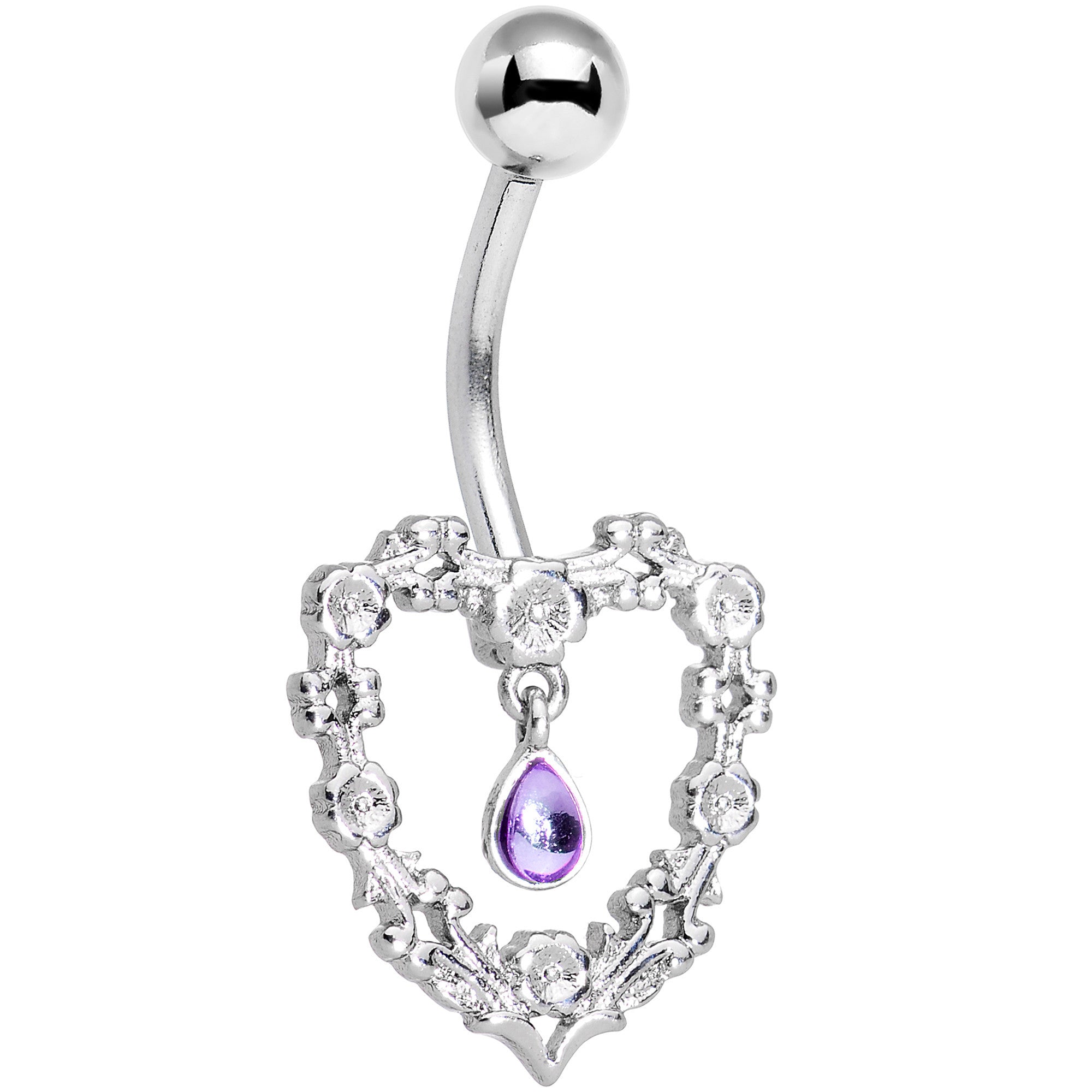 Purple Gem Dangle Floral Heart Belly Ring