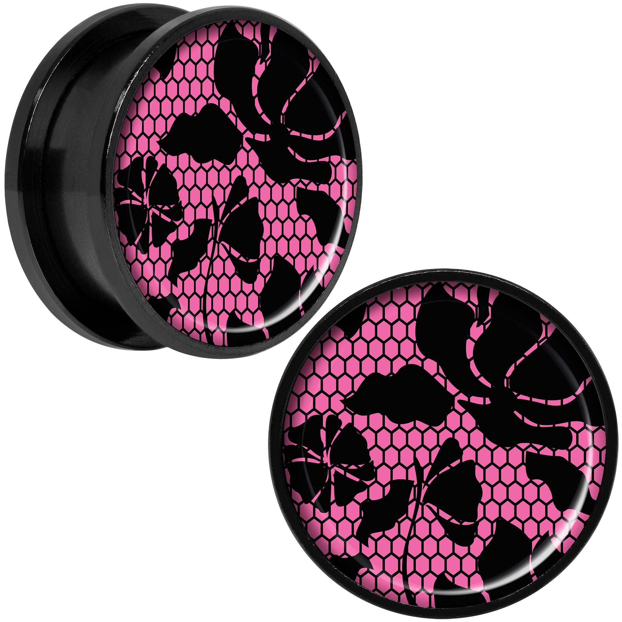 Pink Floral Lace Black Anodized Screw Fit Plug Set 20mm