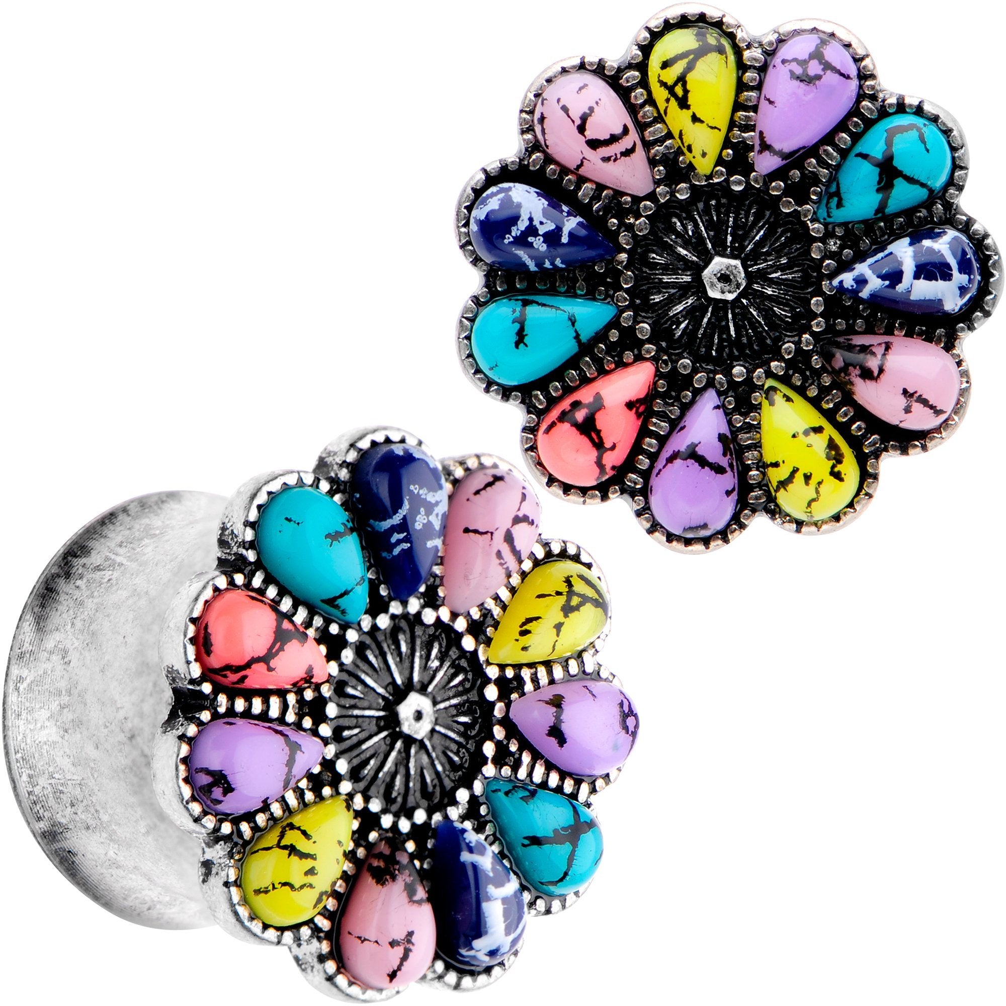 Southwestern Pinwheel Flower Double Flare Plug Set Set 2 Gauge to 22mm