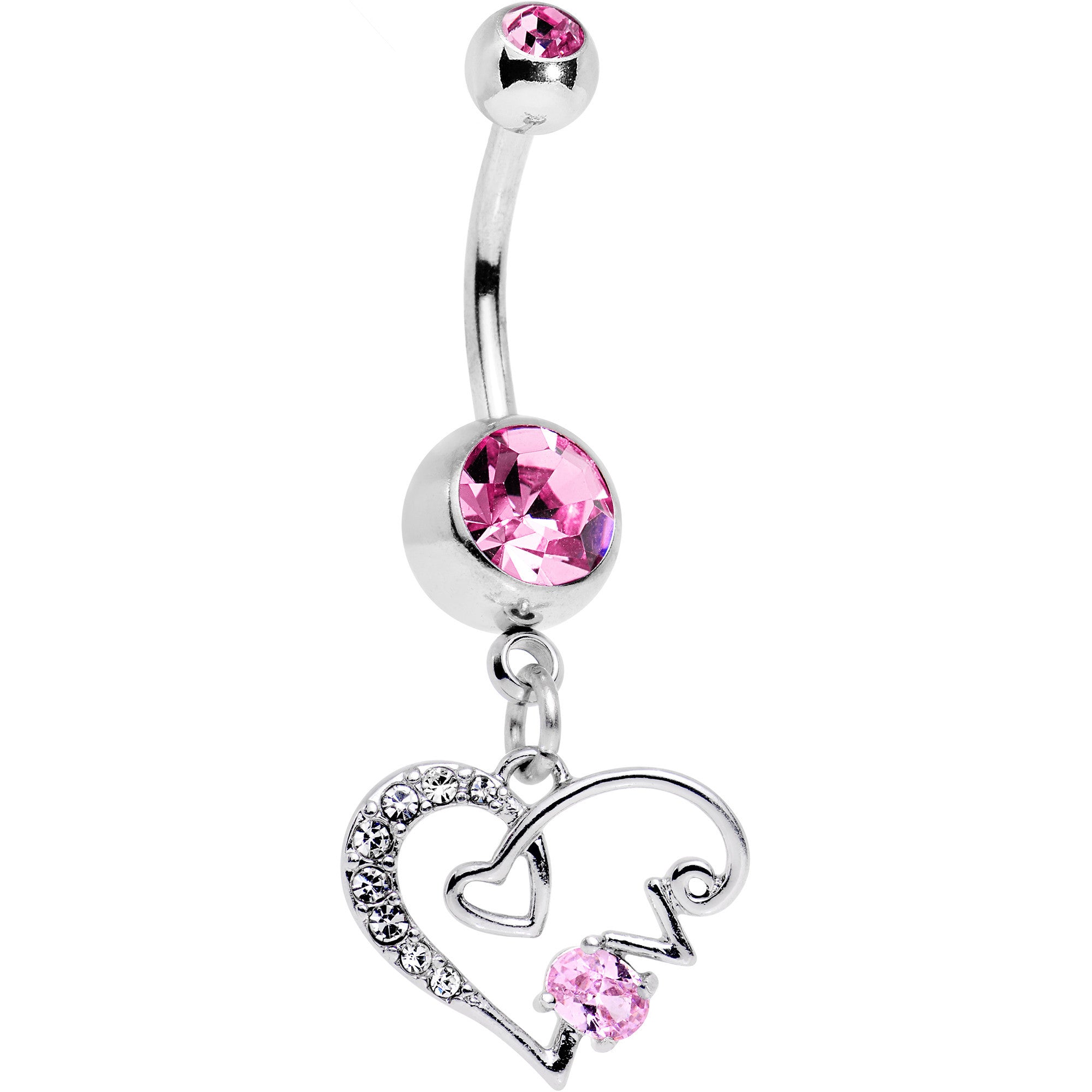 Pink CZ Gem Love Scrawled Double Heart Dangle Belly Ring