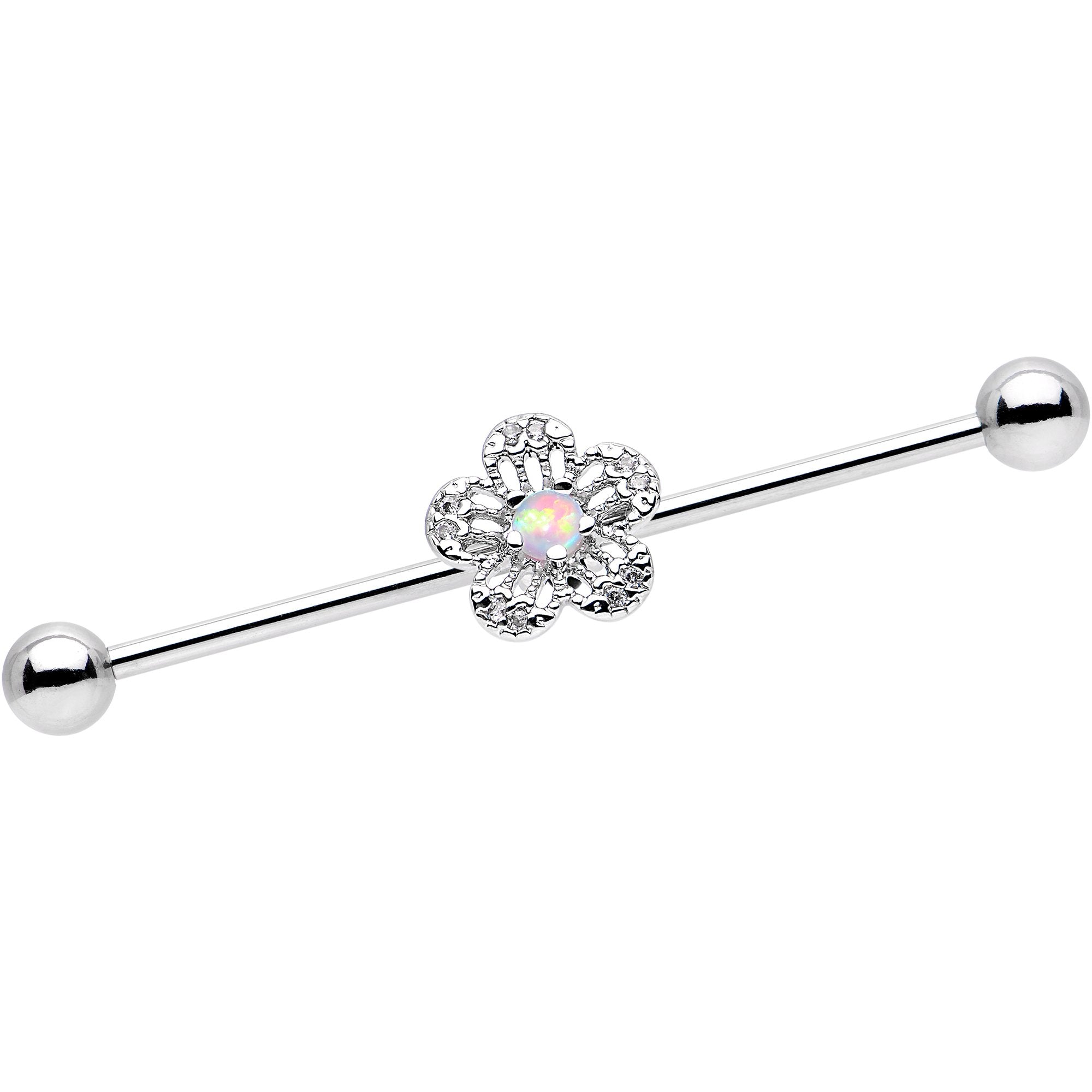 14 Gauge White Faux Opal Frozen Flower Industrial Barbell 38mm