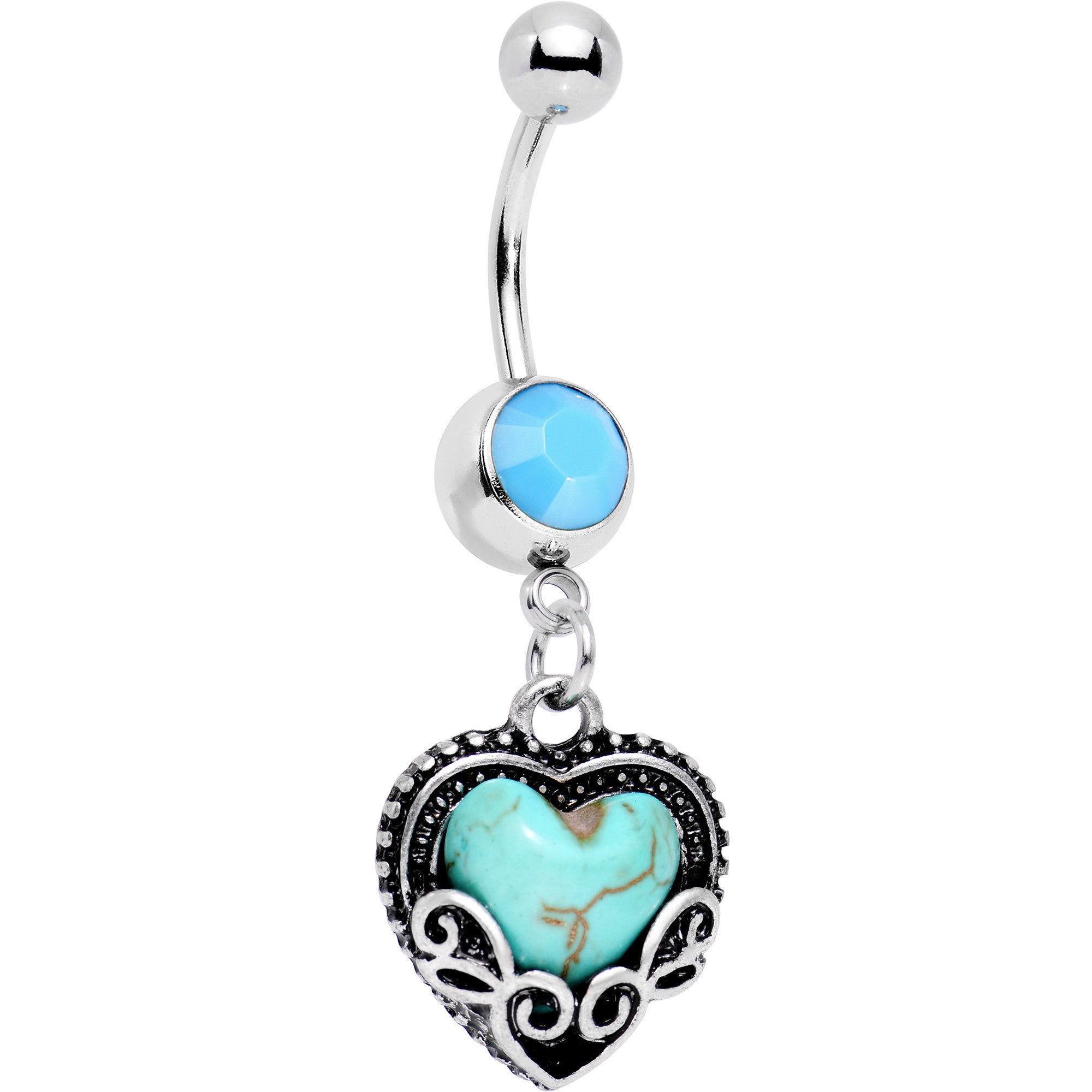 Southwestern Faux Turquoise Framed Ancient Heart Dangle Belly Ring