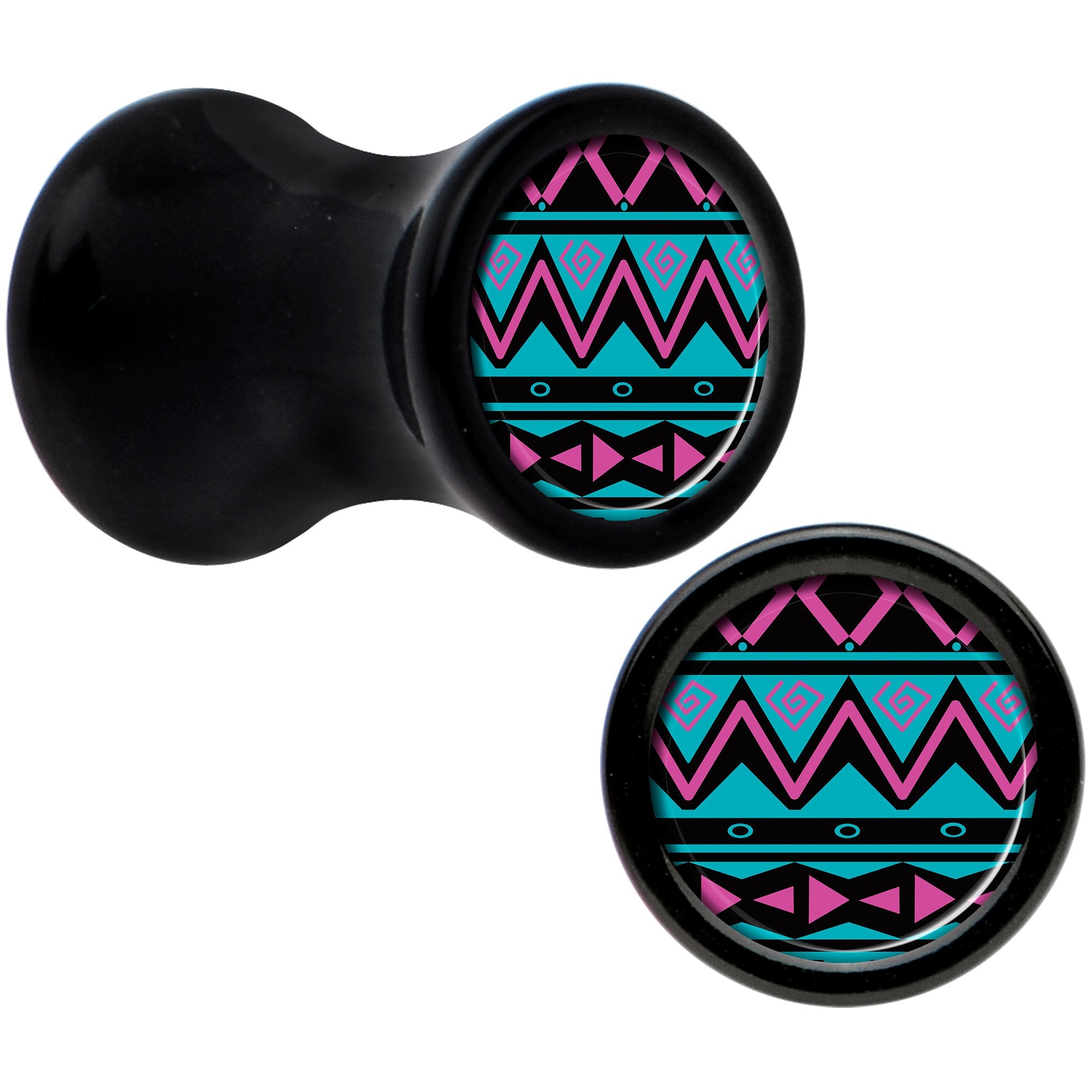 Black Acrylic Pink Teal Tribal Print Saddle Plug Set 4 Gauge