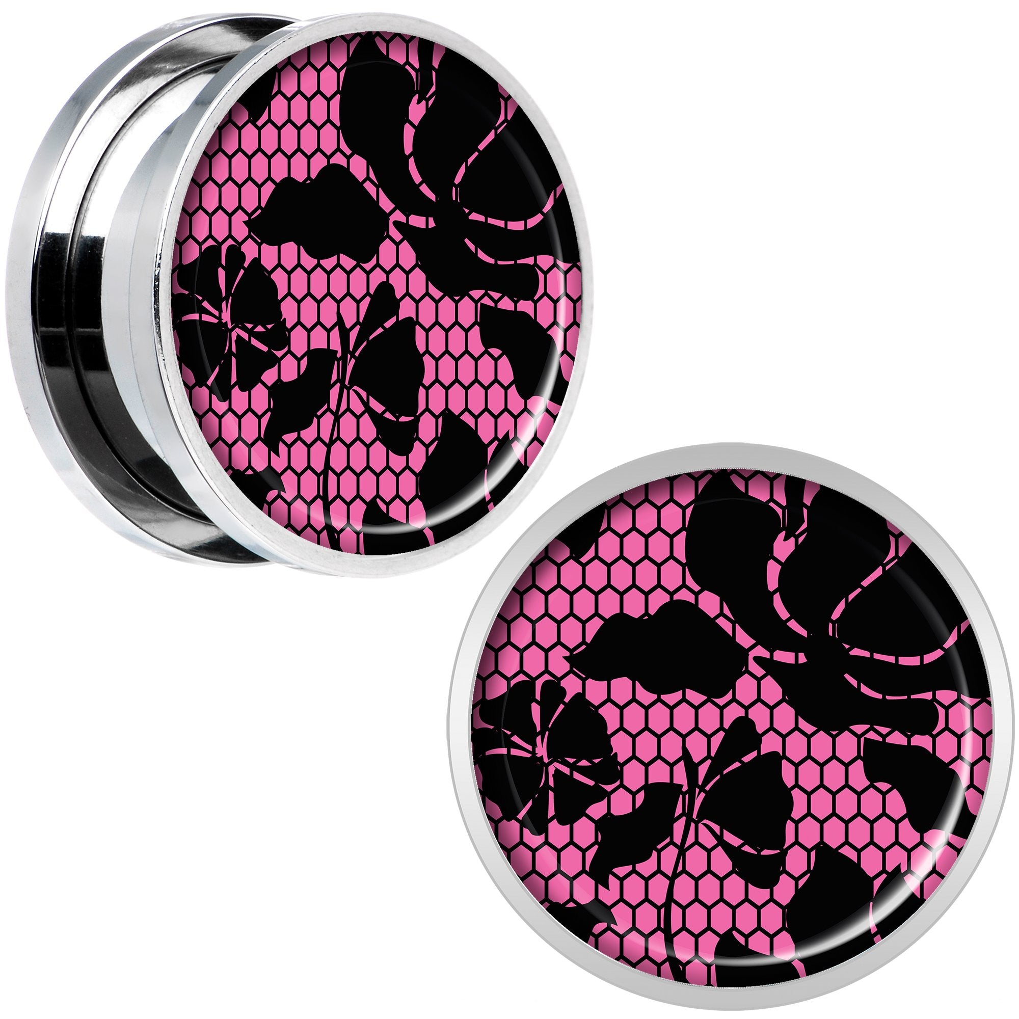 Pink Floral Lace Steel Screw Fit Plug Set 18mm