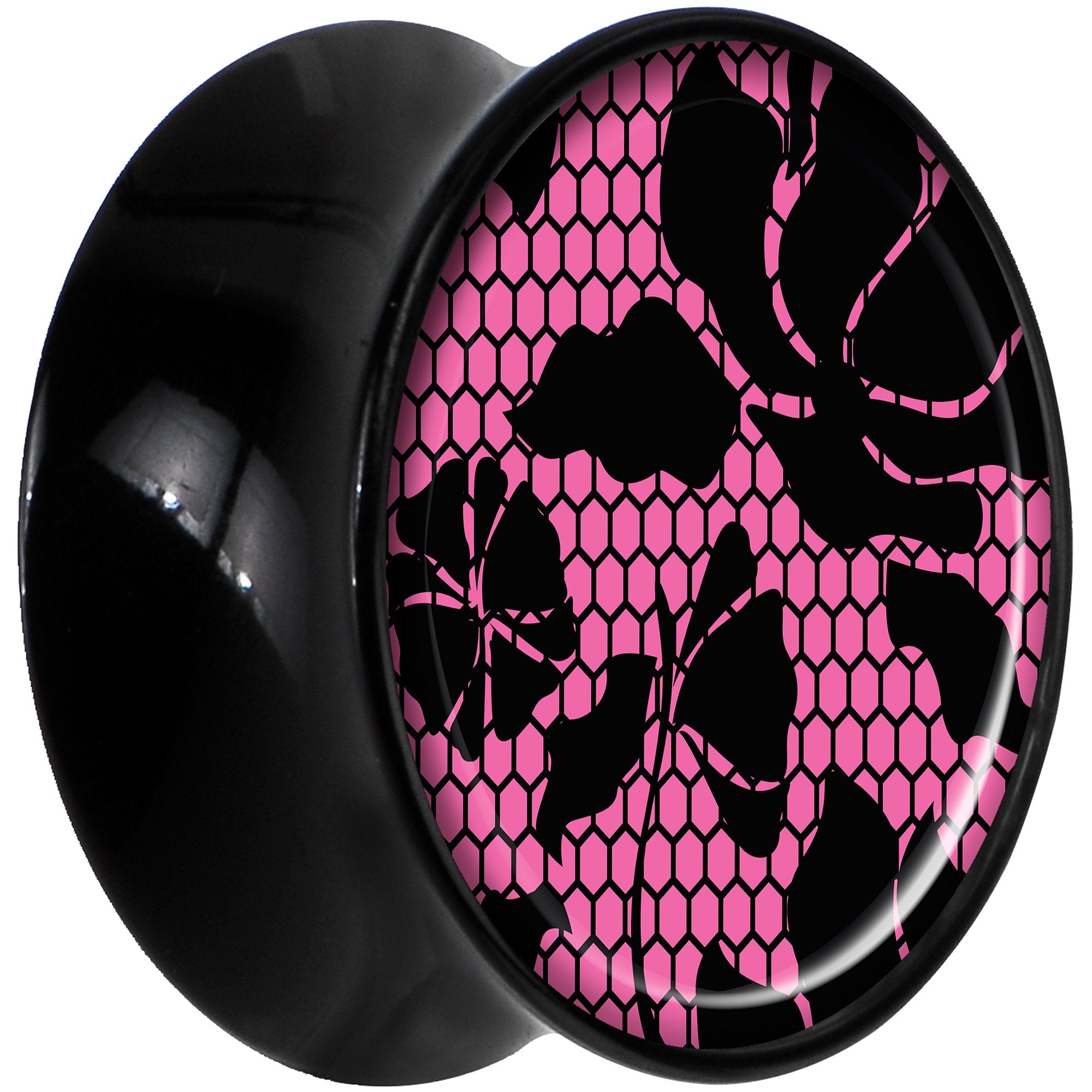 Black Acrylic Pink Floral Lace Saddle Plug Set 5/8