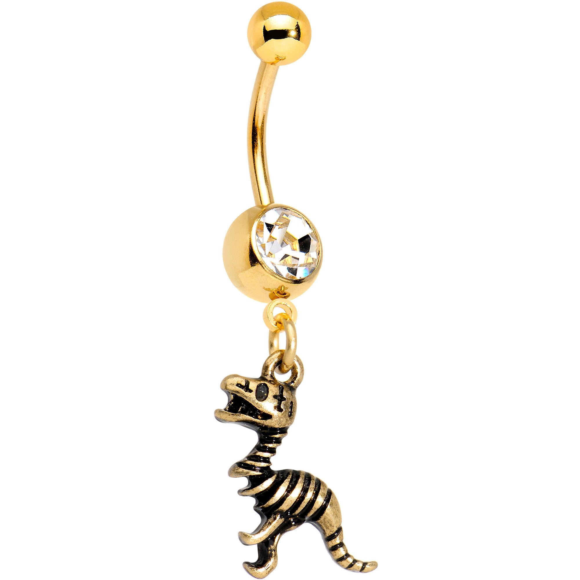 Clear Gem Gold Tone Anodized Raptor Bones Dinosaur Dangle Belly Ring